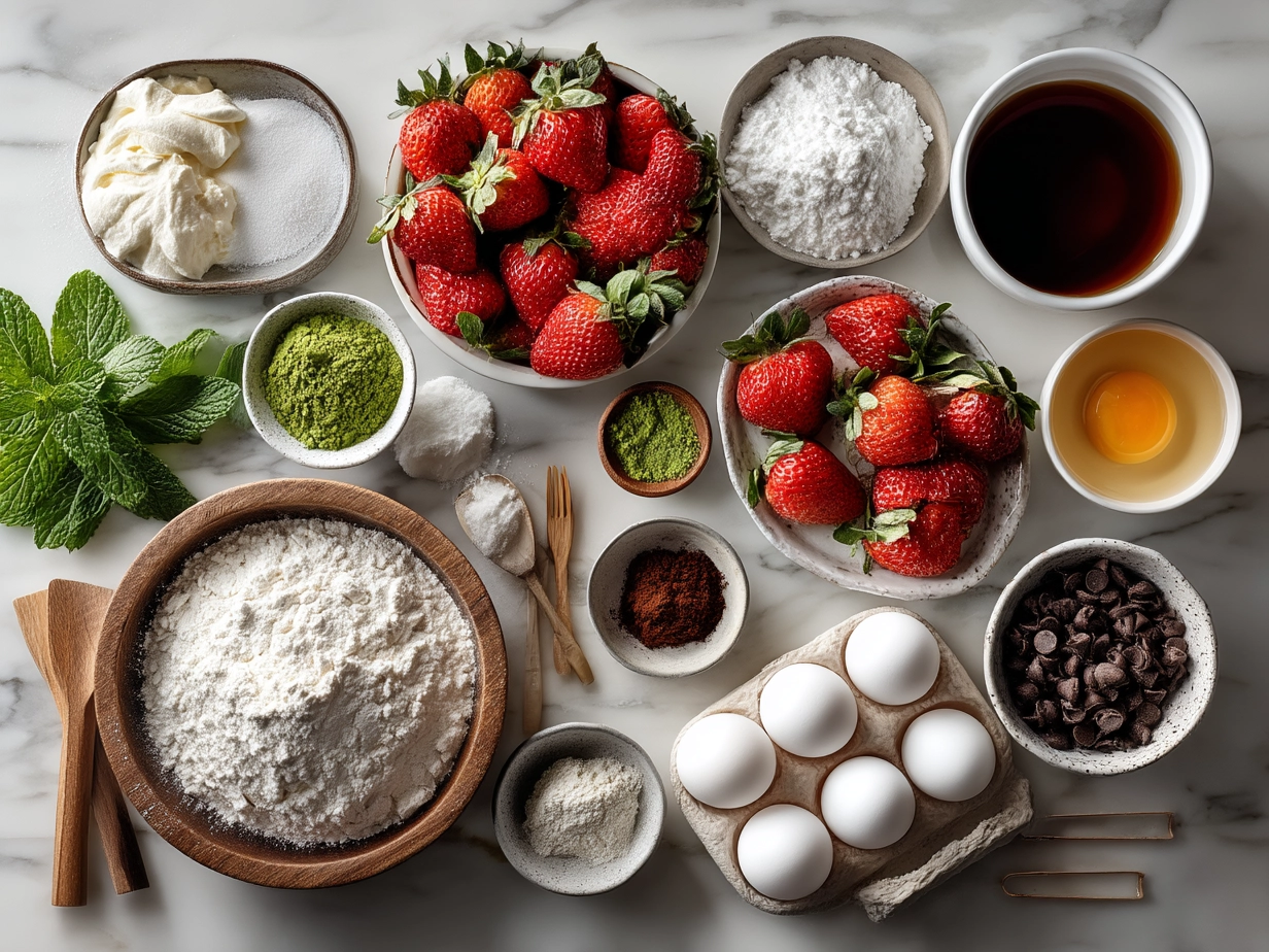 Ingredients for Kentucky Derby Strawberry Mint Cake arranged on a kitchen counter