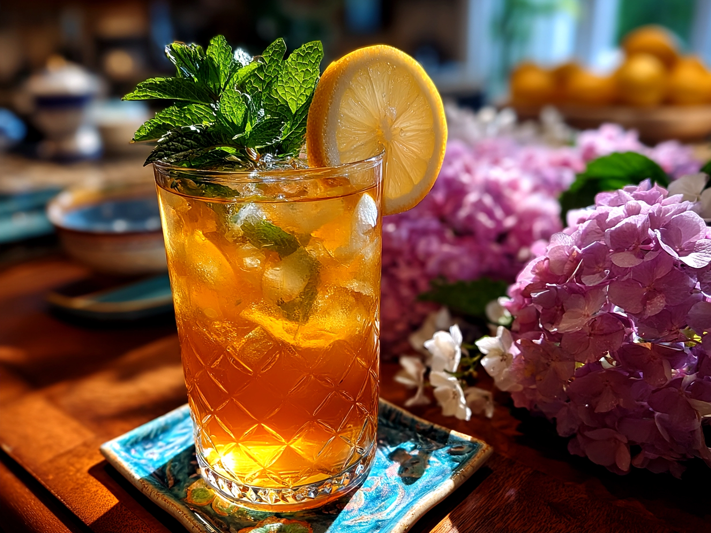 Clear glass filled with Kentucky Derby Tea garnished with fresh mint sprig and lemon wedge
