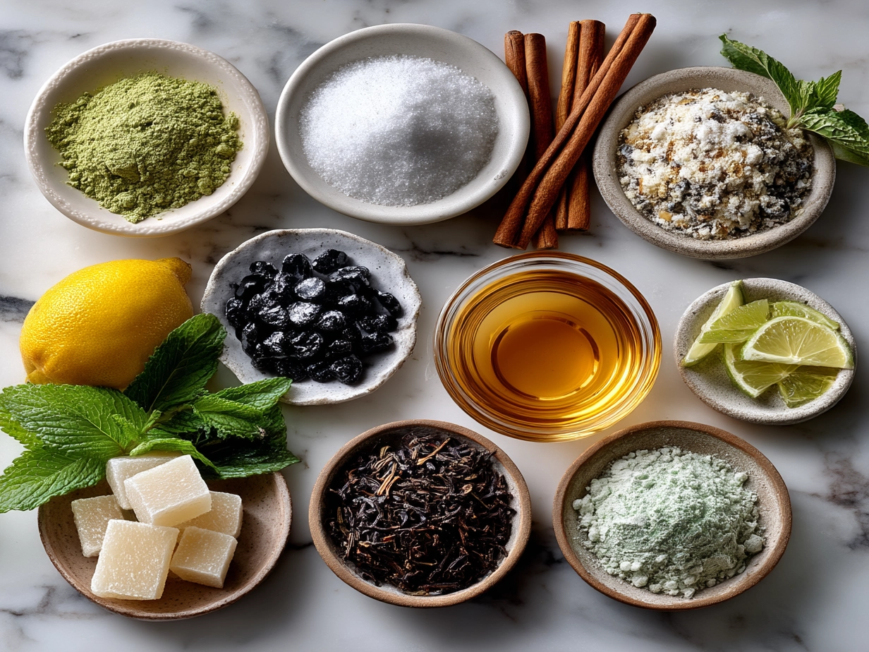 Ingredients laid out for Kentucky Derby Tea including tea bags, mint leaves, bourbon, sugar, lemon, and ice cubes