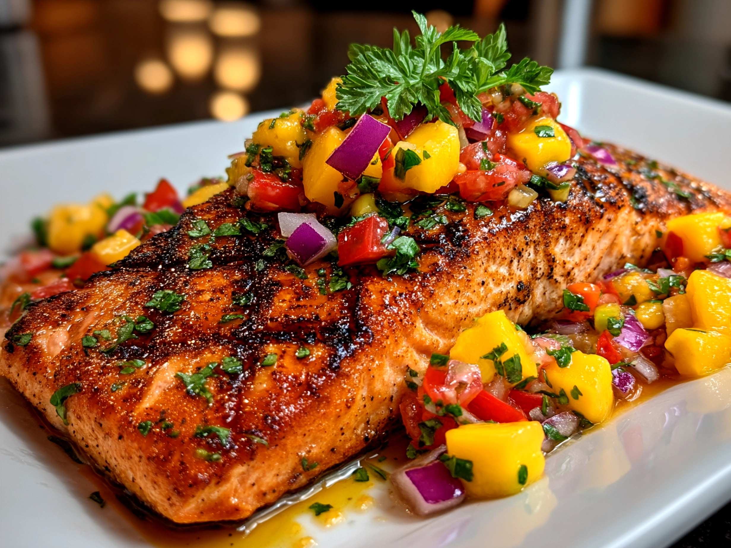 Plated Mango Salsa Grilled Salmon served with lime wedges and herbs