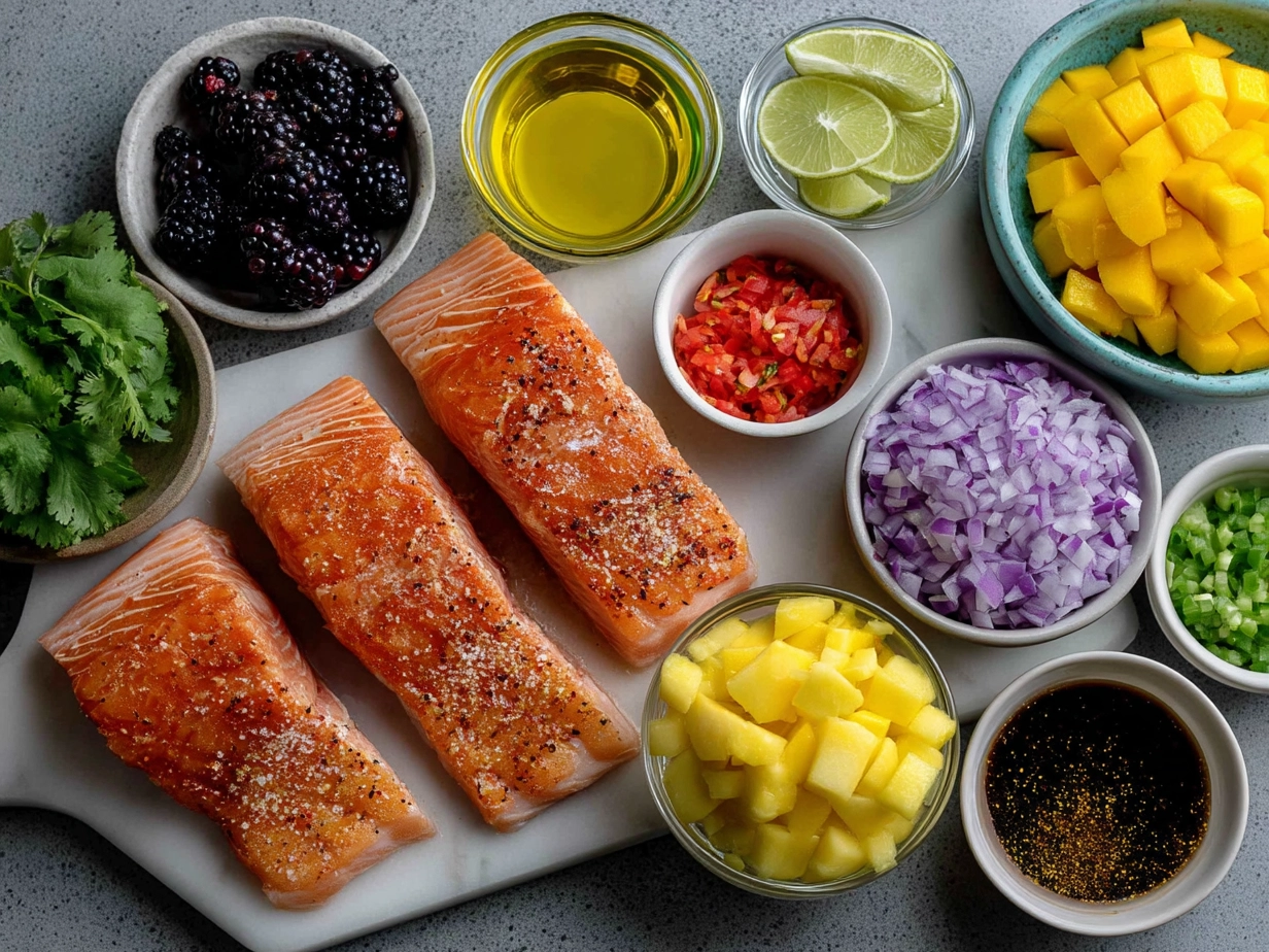 Ingredients for Mango Salsa Grilled Salmon including mango, salmon fillets, red onion, red bell pepper, and jalapeño
