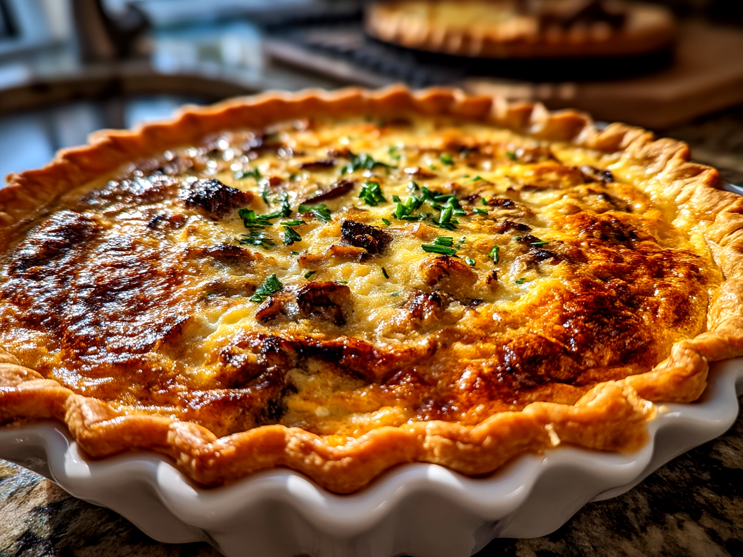 Serving suggestion – sliced Morel Mushroom Quiche garnished with fresh parsley