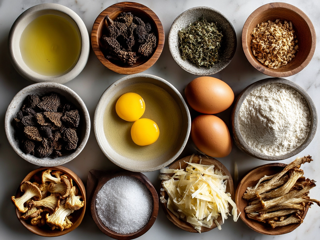 Ingredients for Morel Mushroom Quiche arranged on a table