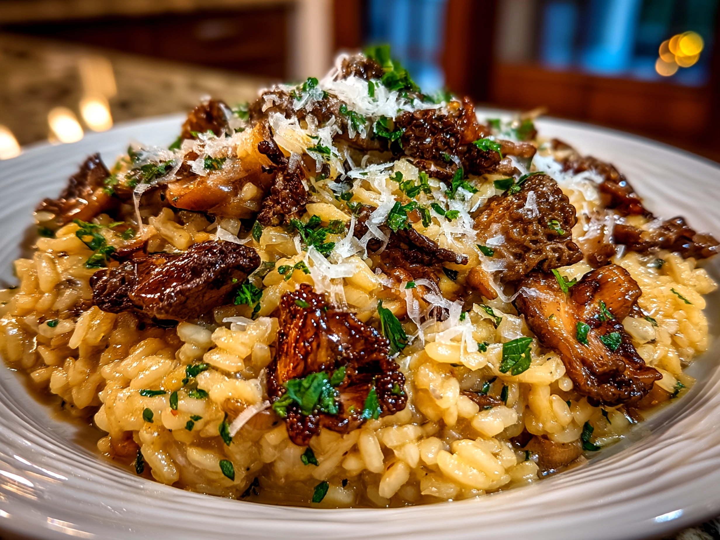 Serving Morel Mushroom Risotto plated with garnish
