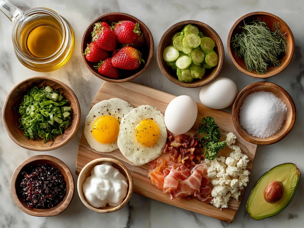 Ingredients laid out for a vibrant Mothers Day Brunch Board including goat cheese, smoked salmon, fresh fruit, and asparagus