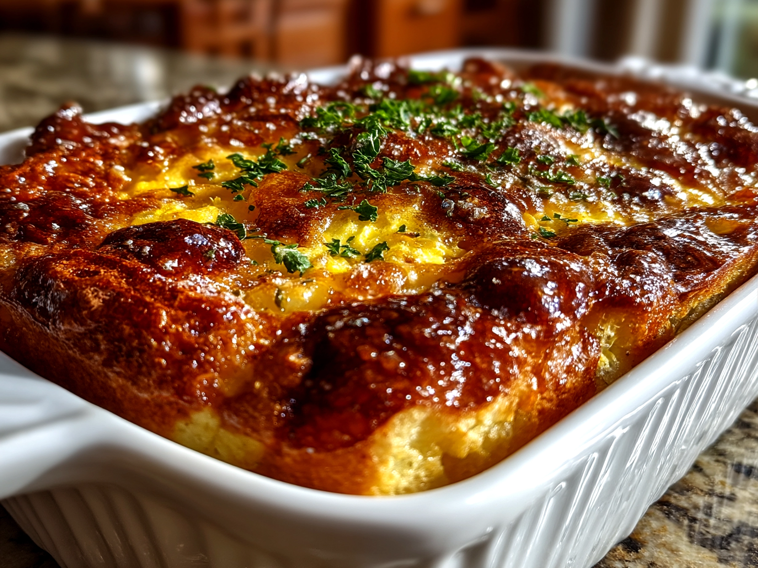 Serving platter of Mothers Day Brunch Casserole garnished with fresh herbs