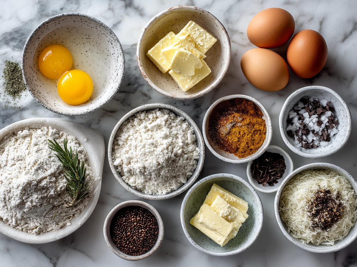 Ingredients for Mothers Day Brunch Casserole including eggs, bread, cheese, sausage, and spices