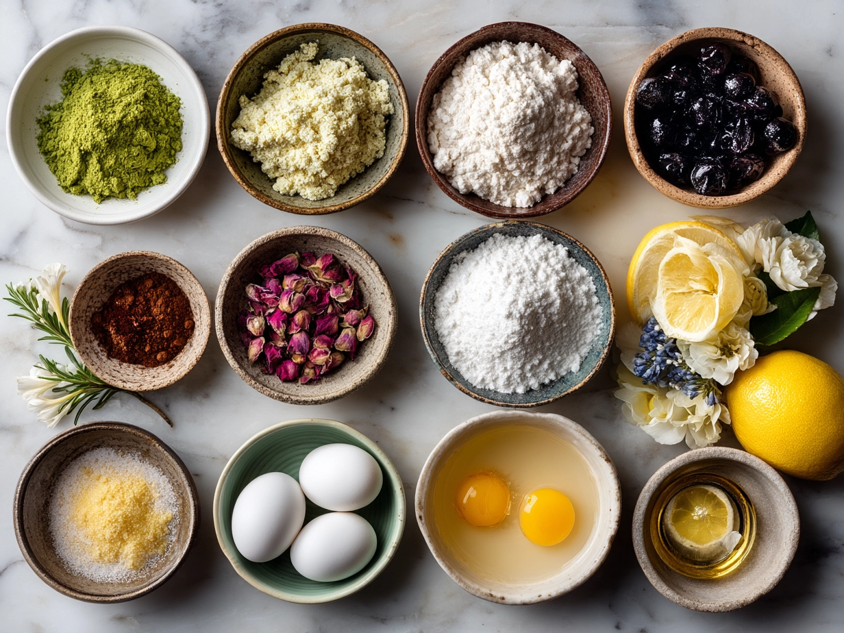 Ingredients for Mother's Day Crepe Bar laid out including flour, eggs, berries, and herbs