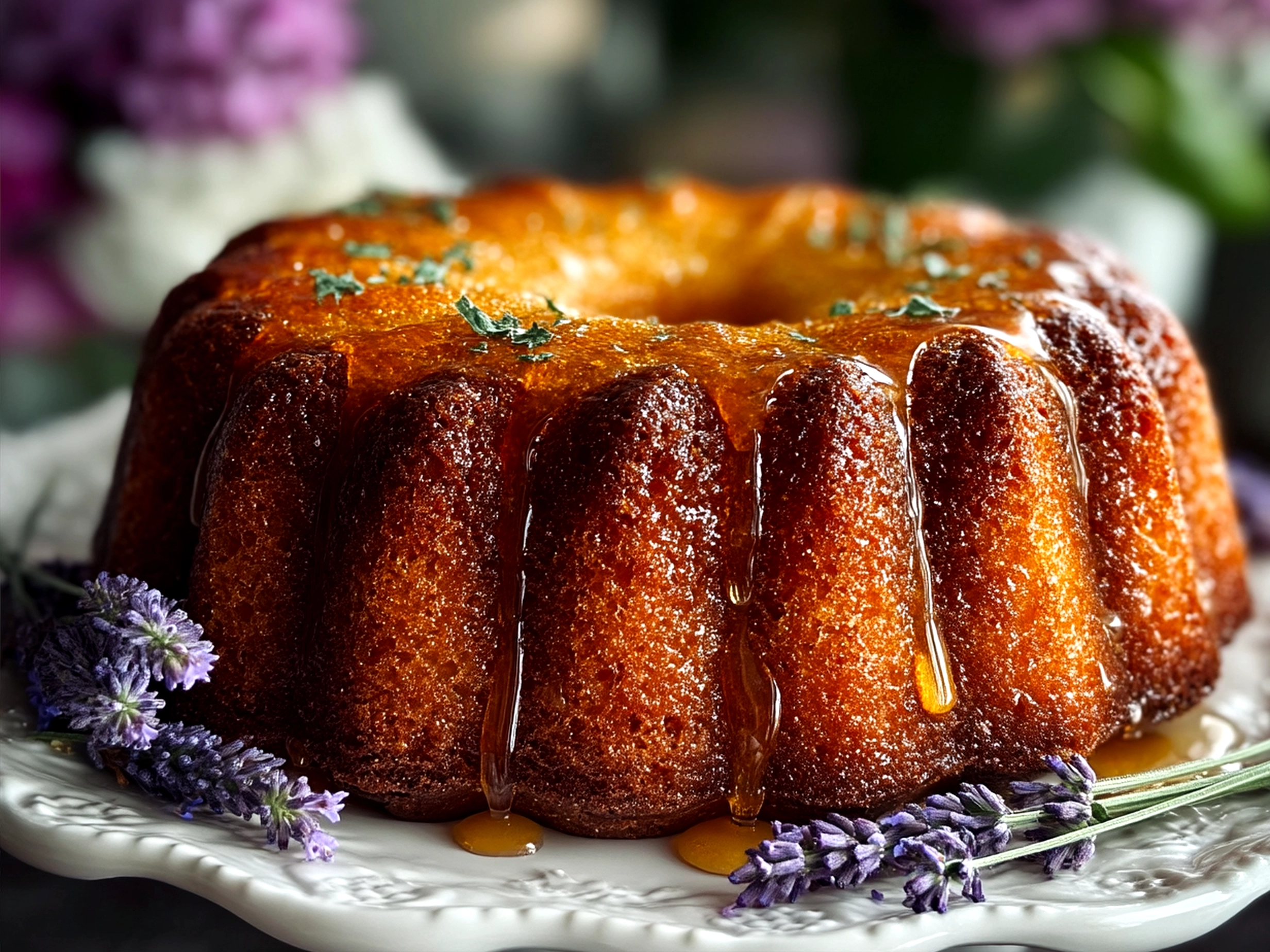 Beautifully presented Mothers Day Honey Lavender Cake with glaze and lavender garnish