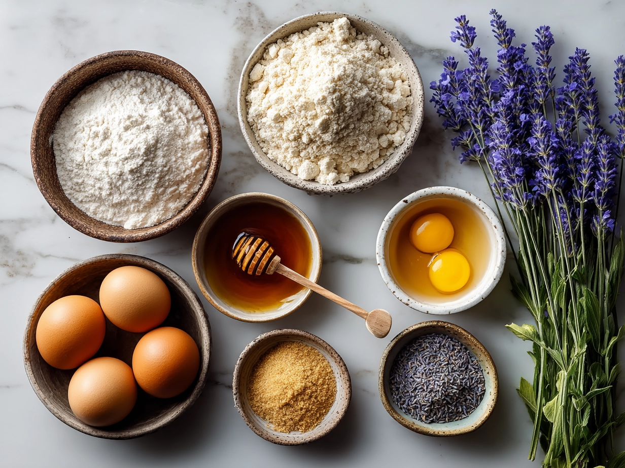 Ingredients for Mothers Day Honey Lavender Cake laid out on a kitchen counter