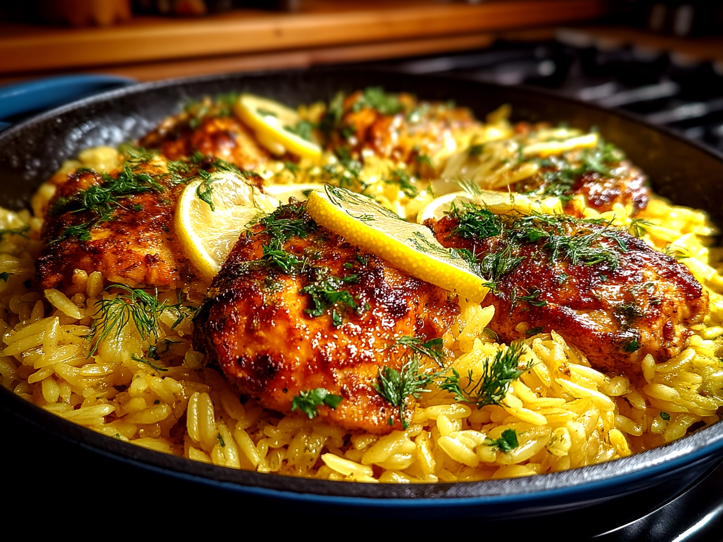 Served One Pan Lemon Orzo Chicken garnished with fresh parsley and lemon wedges