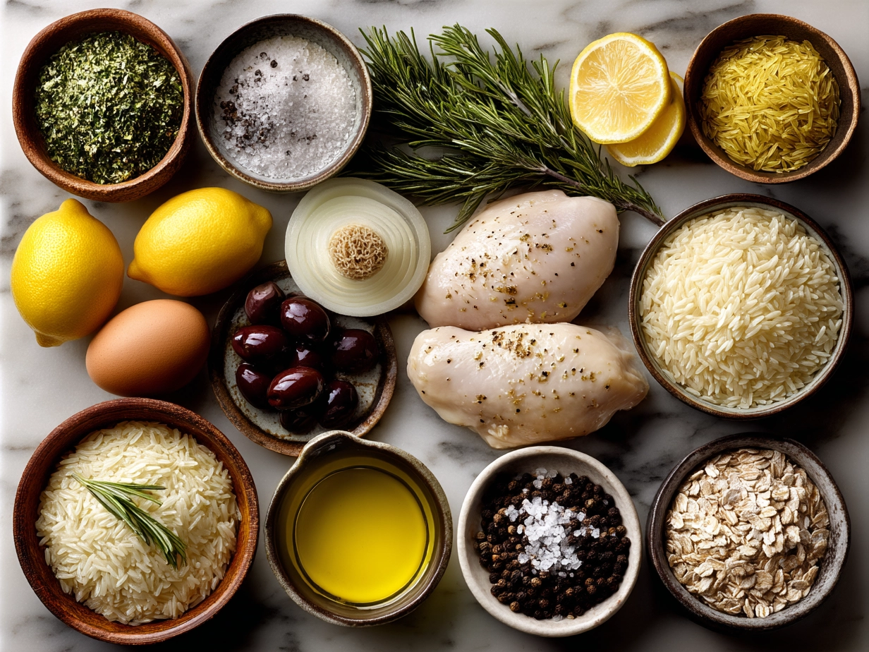 Ingredients layout for One Pan Lemon Orzo Chicken including chicken breasts, olive oil, orzo pasta, lemon, and herbs