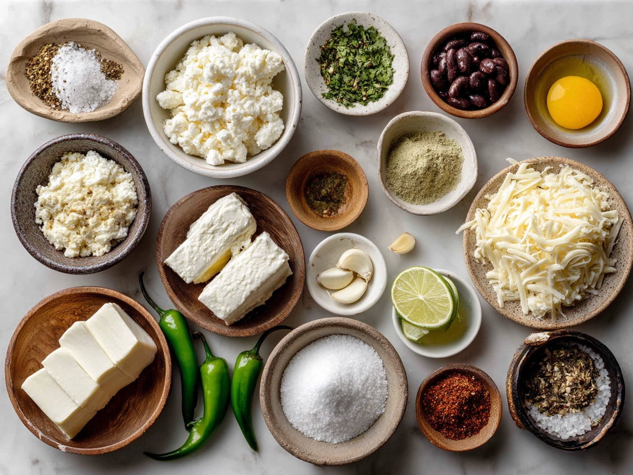 Ingredients for Queso Fundido including cheese, chorizo, onions, peppers, and herbs