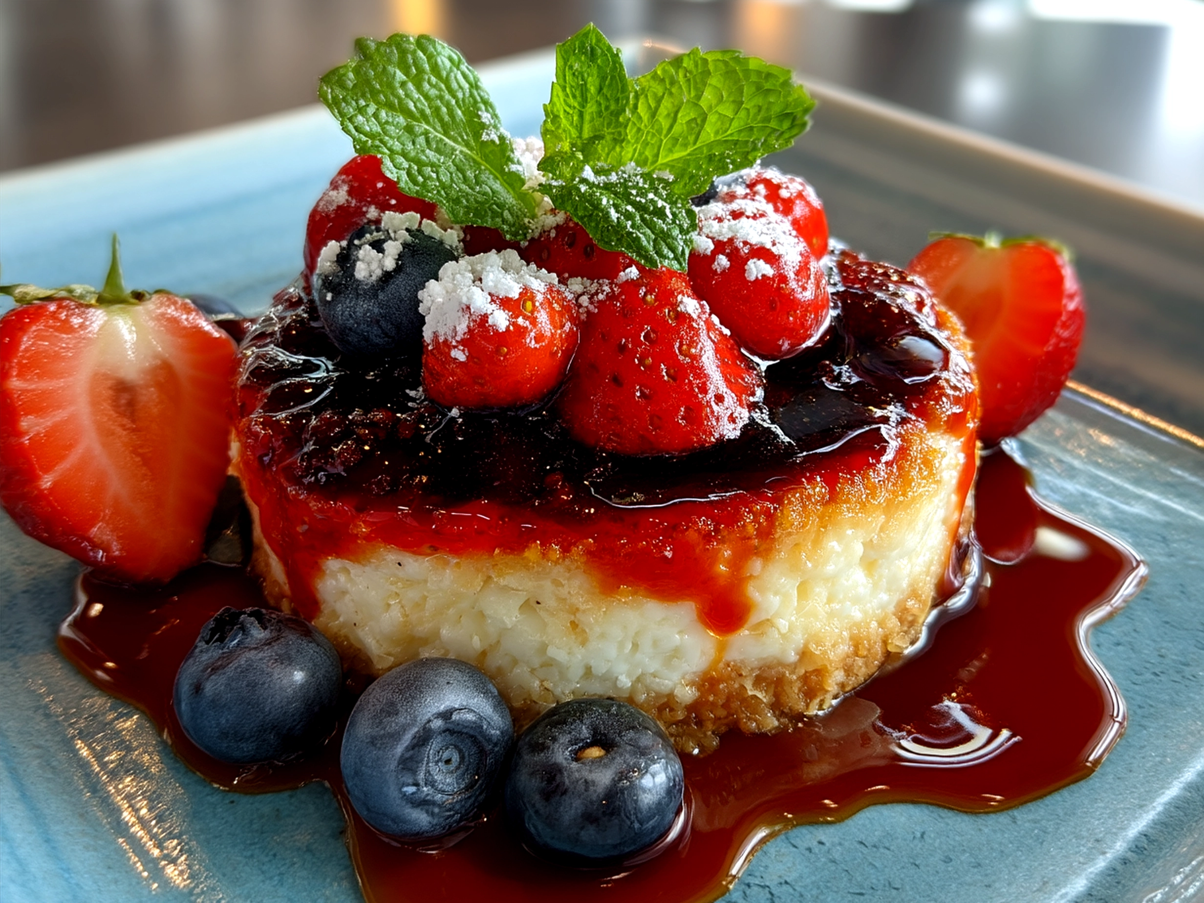 Red white and blue desserts served in clear glasses with mint garnish