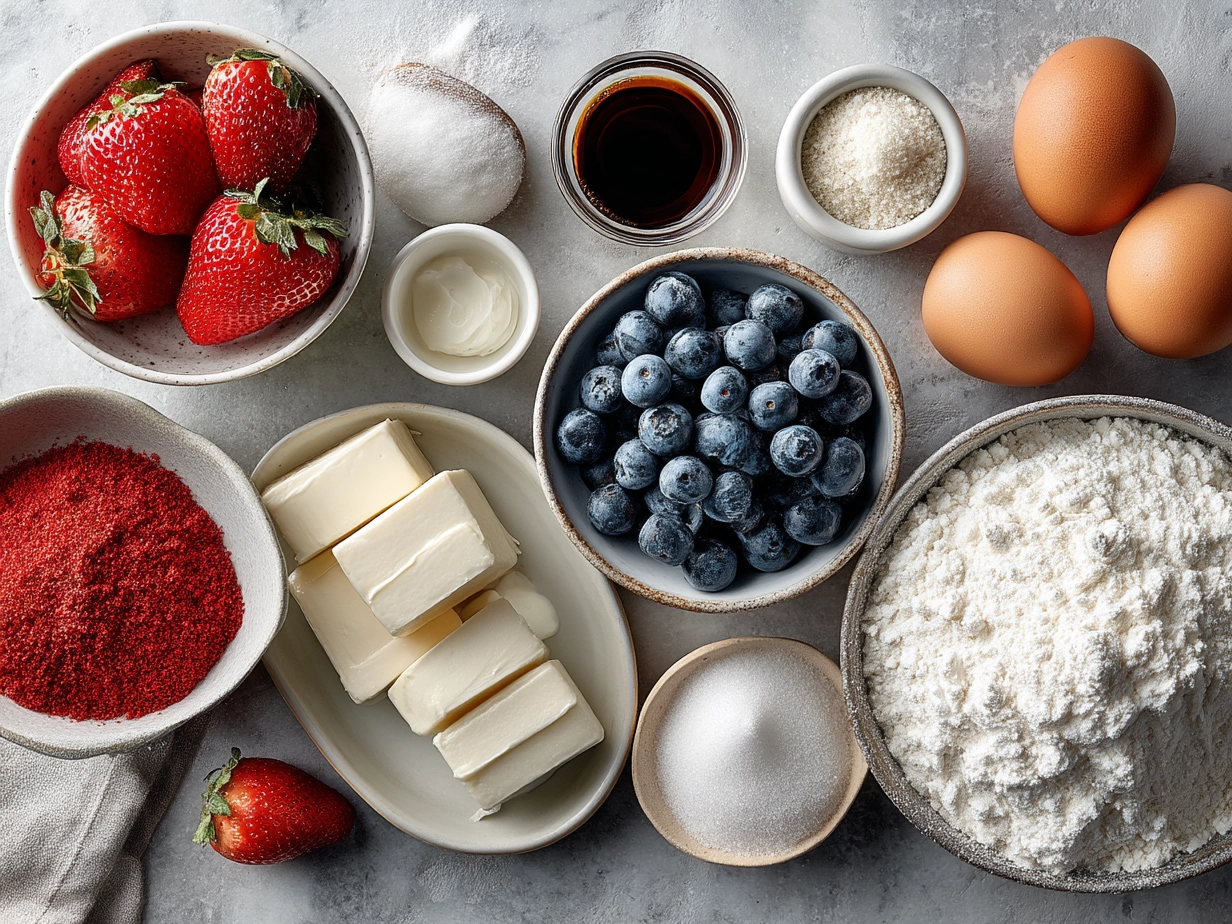 Ingredients for red white and blue desserts including fresh strawberries, blueberries, cream, and cake cubes