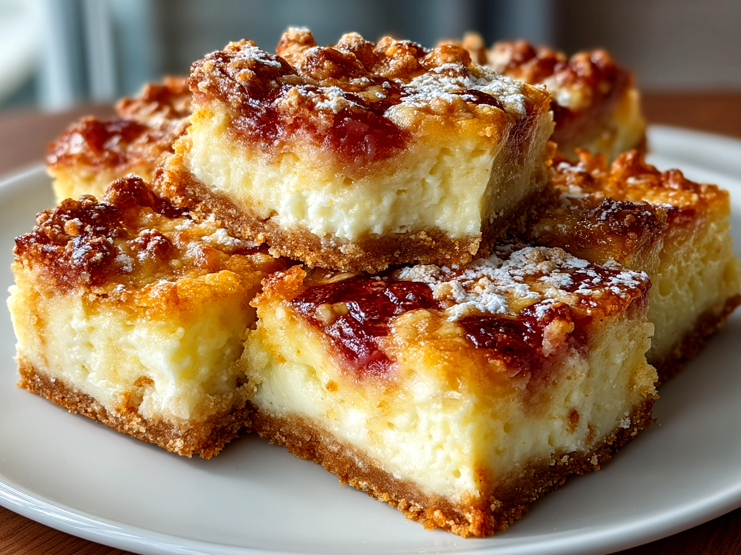 Rhubarb Custard Bars served on a rustic platter