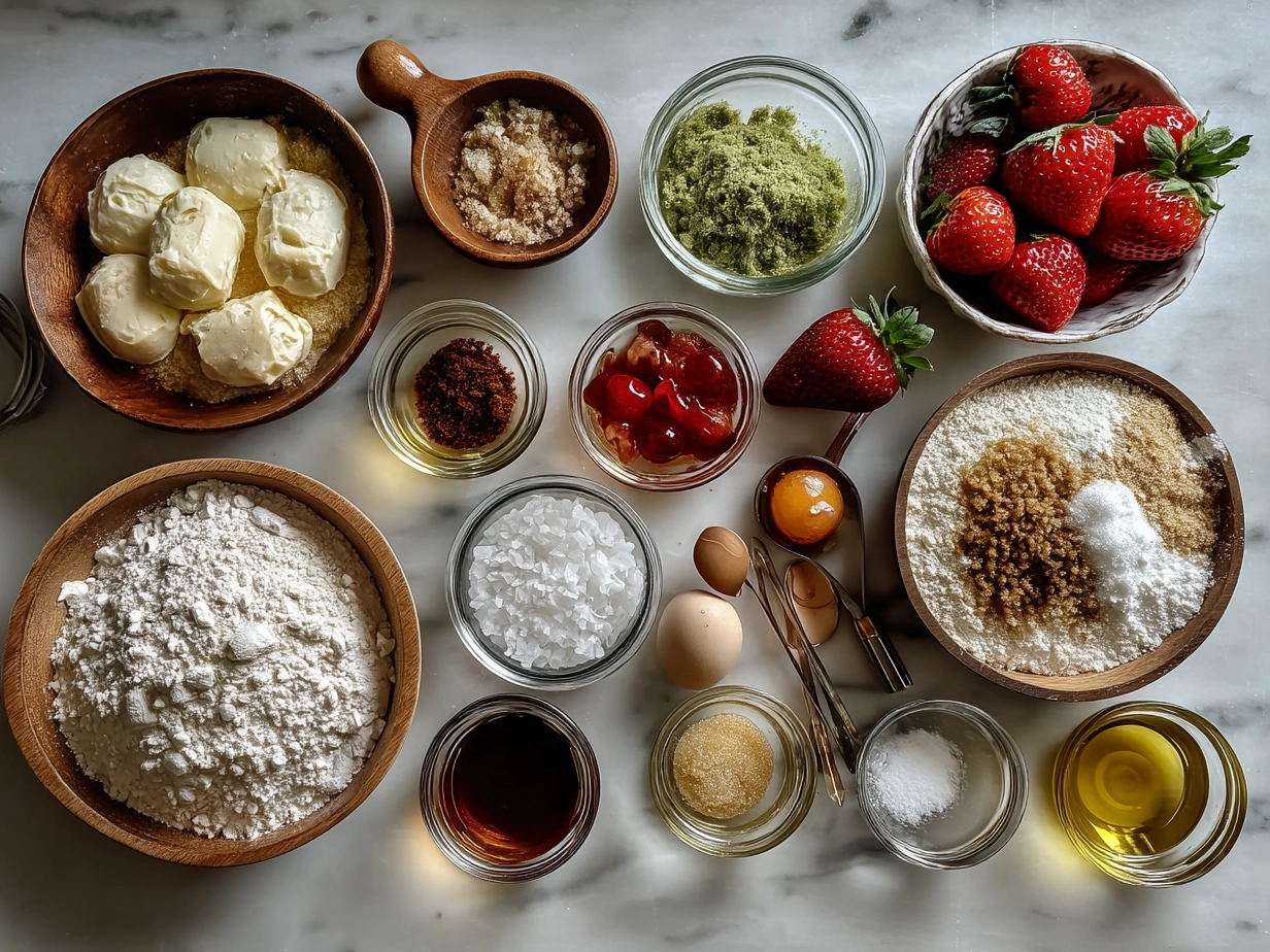 Ingredients for Rhubarb Custard Pie laid out on a kitchen counter