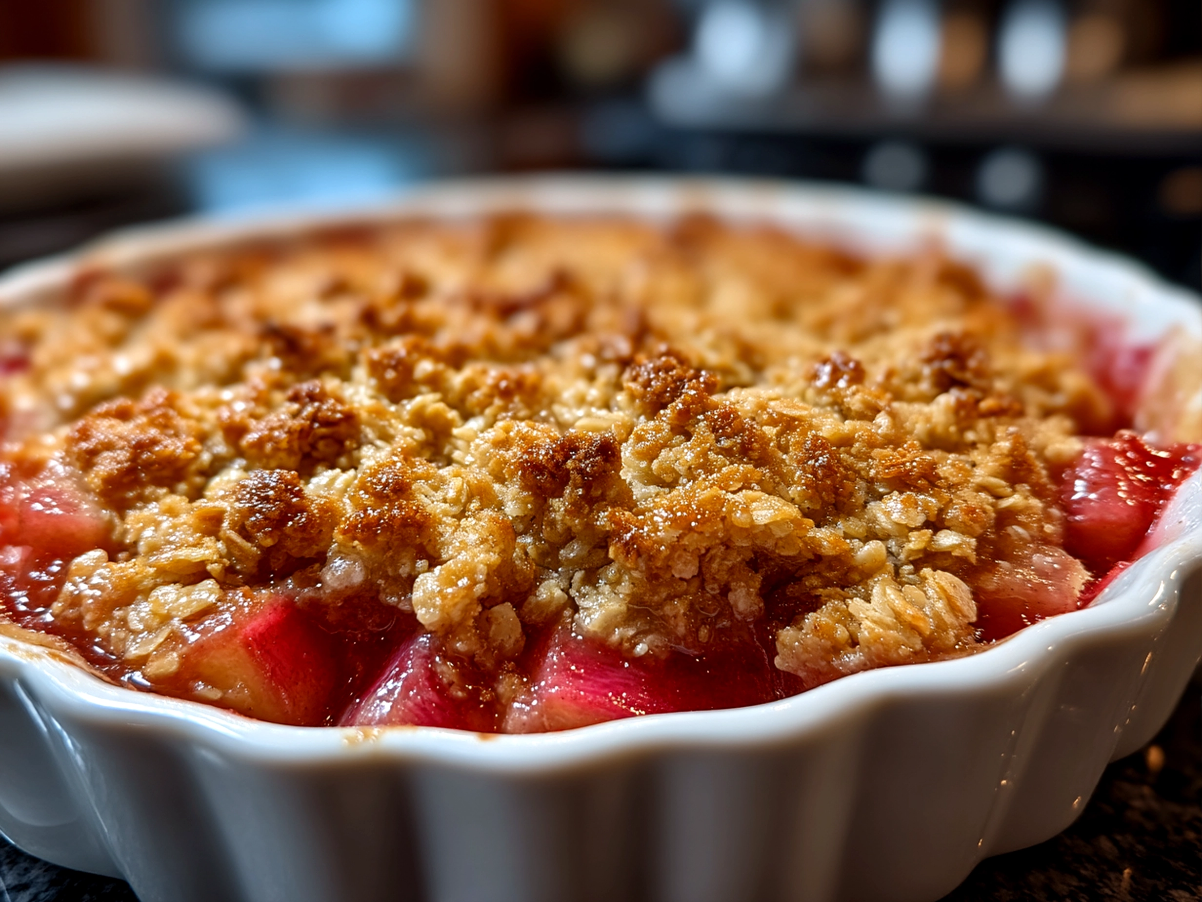 Serving suggestion of Rhubarb Oat Crisp with vanilla ice cream