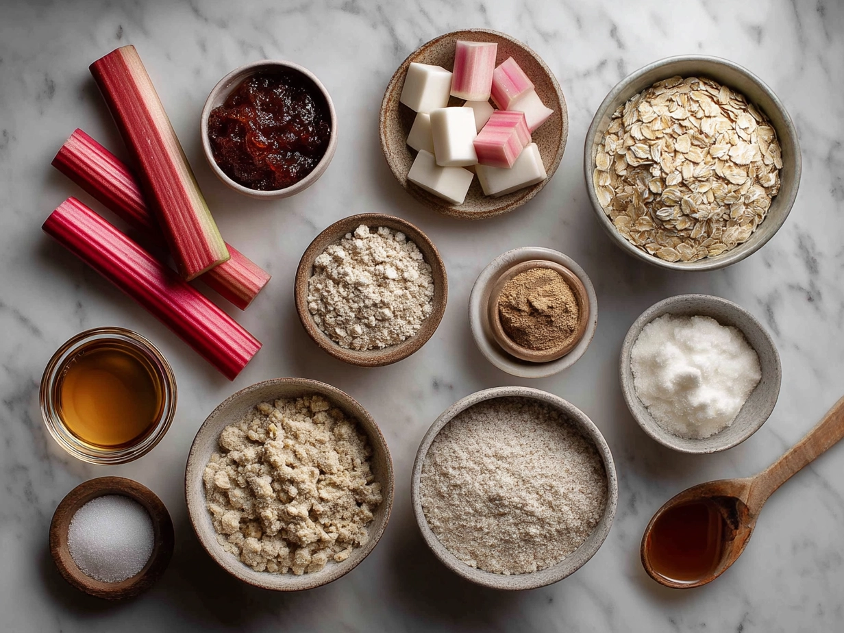 Ingredients for Rhubarb Oat Crisp laid out on a table