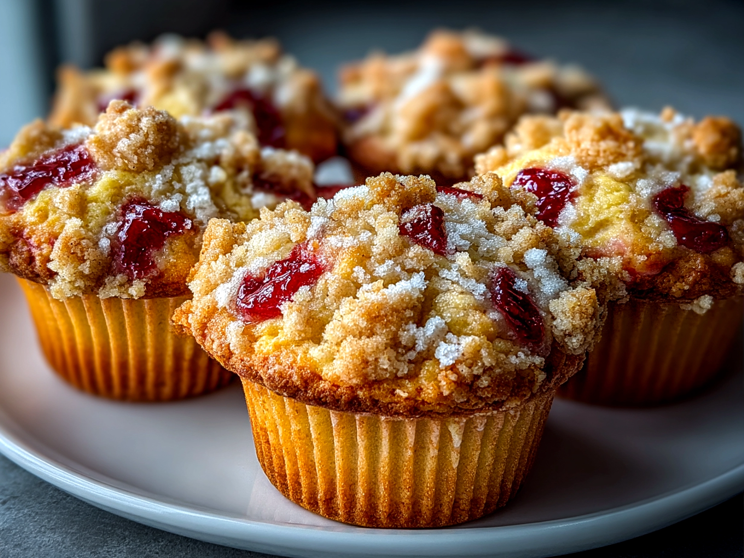 Freshly baked Rhubarb Streusel Muffins served with tea and coffee