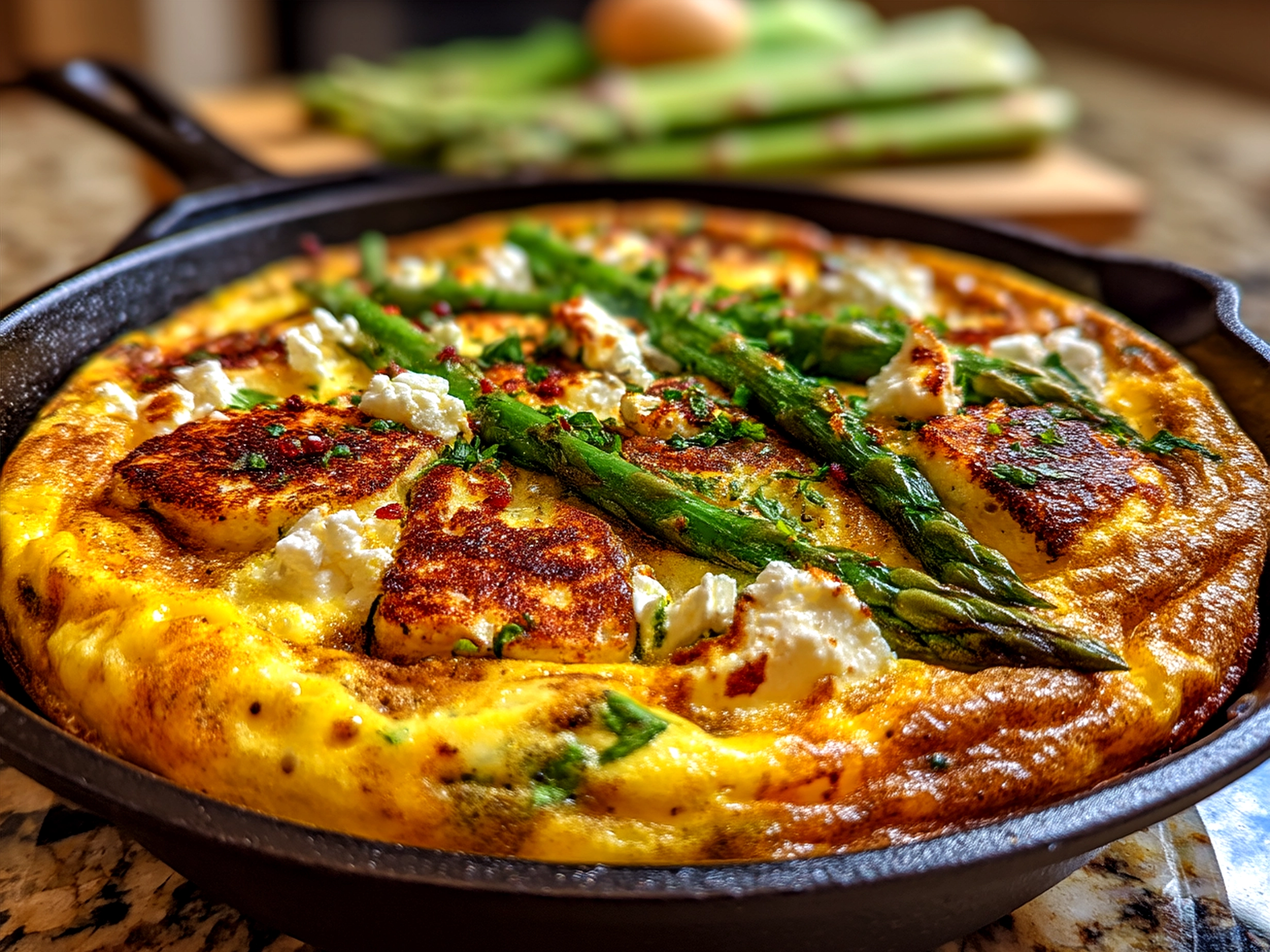 Slices of Spring Frittata with Goat Cheese served on a plate with fresh herbs