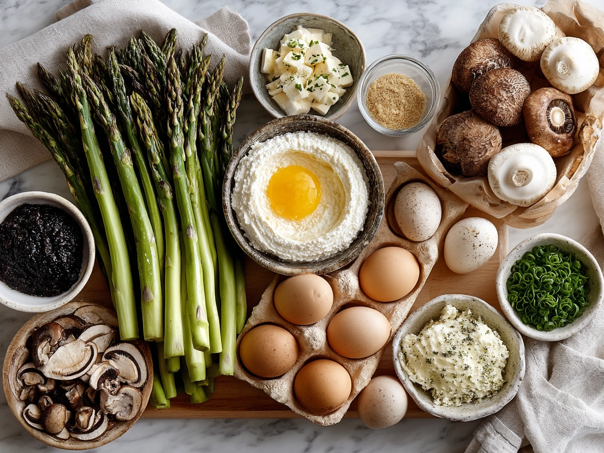Ingredients for Spring Frittata with Goat Cheese including eggs, asparagus, peas, spring onions, spinach, and goat cheese