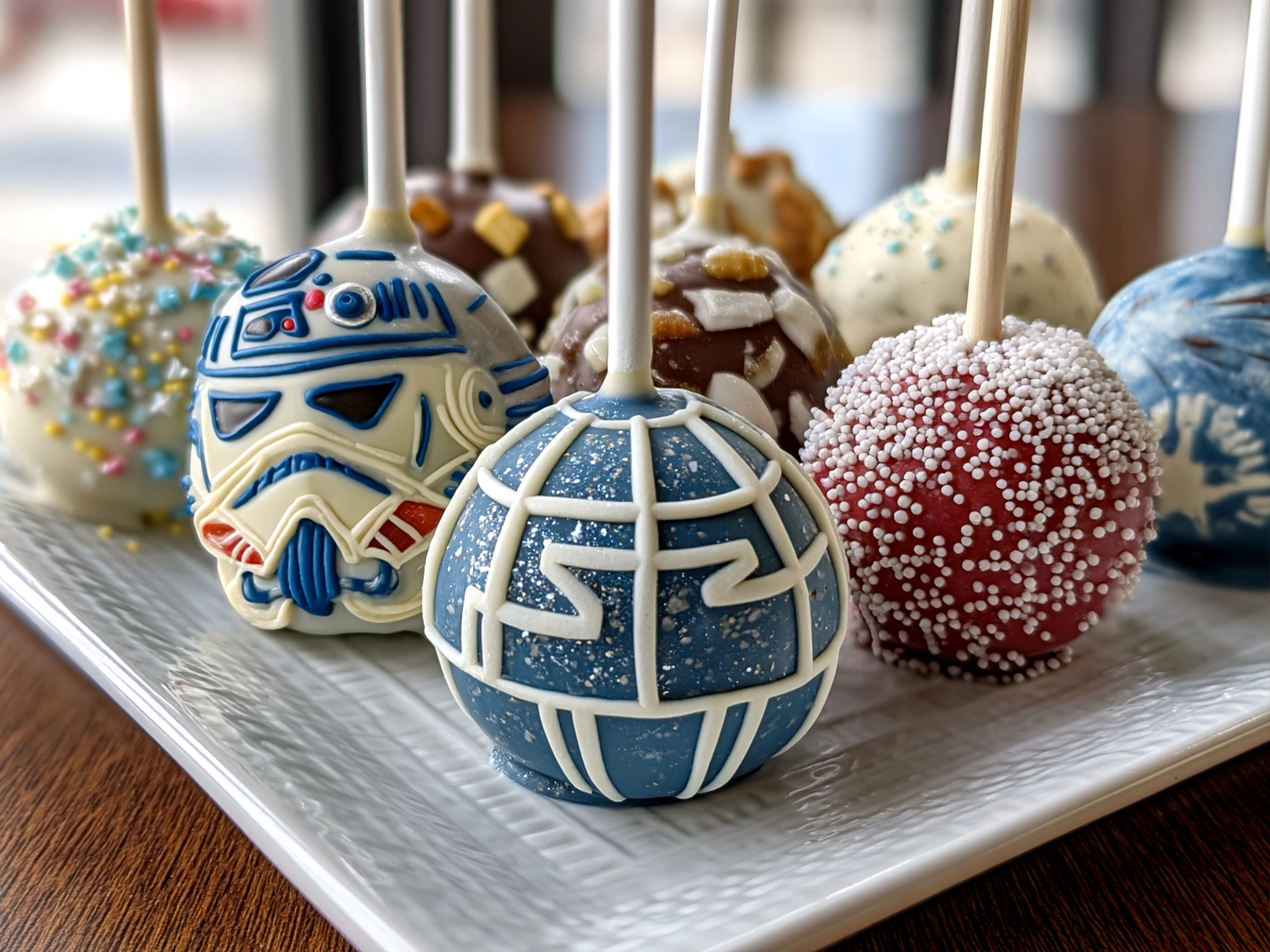 Star Wars Death Star Cake Pops served on a black platter with galaxy theme