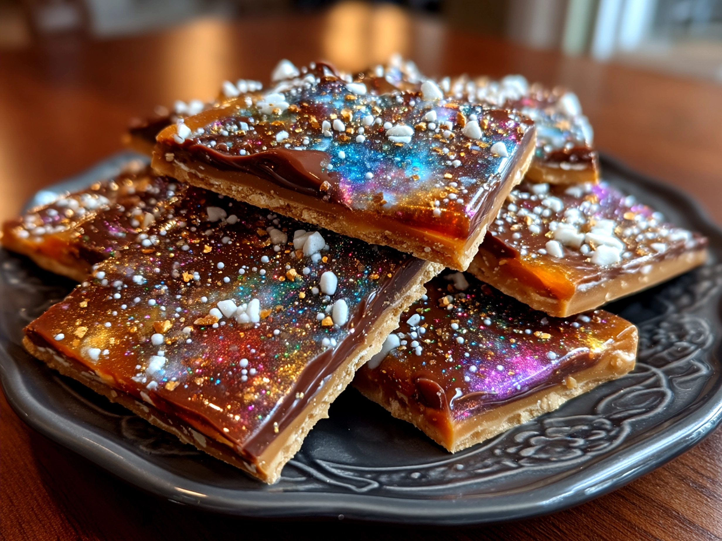 Star Wars Galaxy Chocolate Bark broken into pieces and arranged on a dark serving platter with sprinkles and glitter