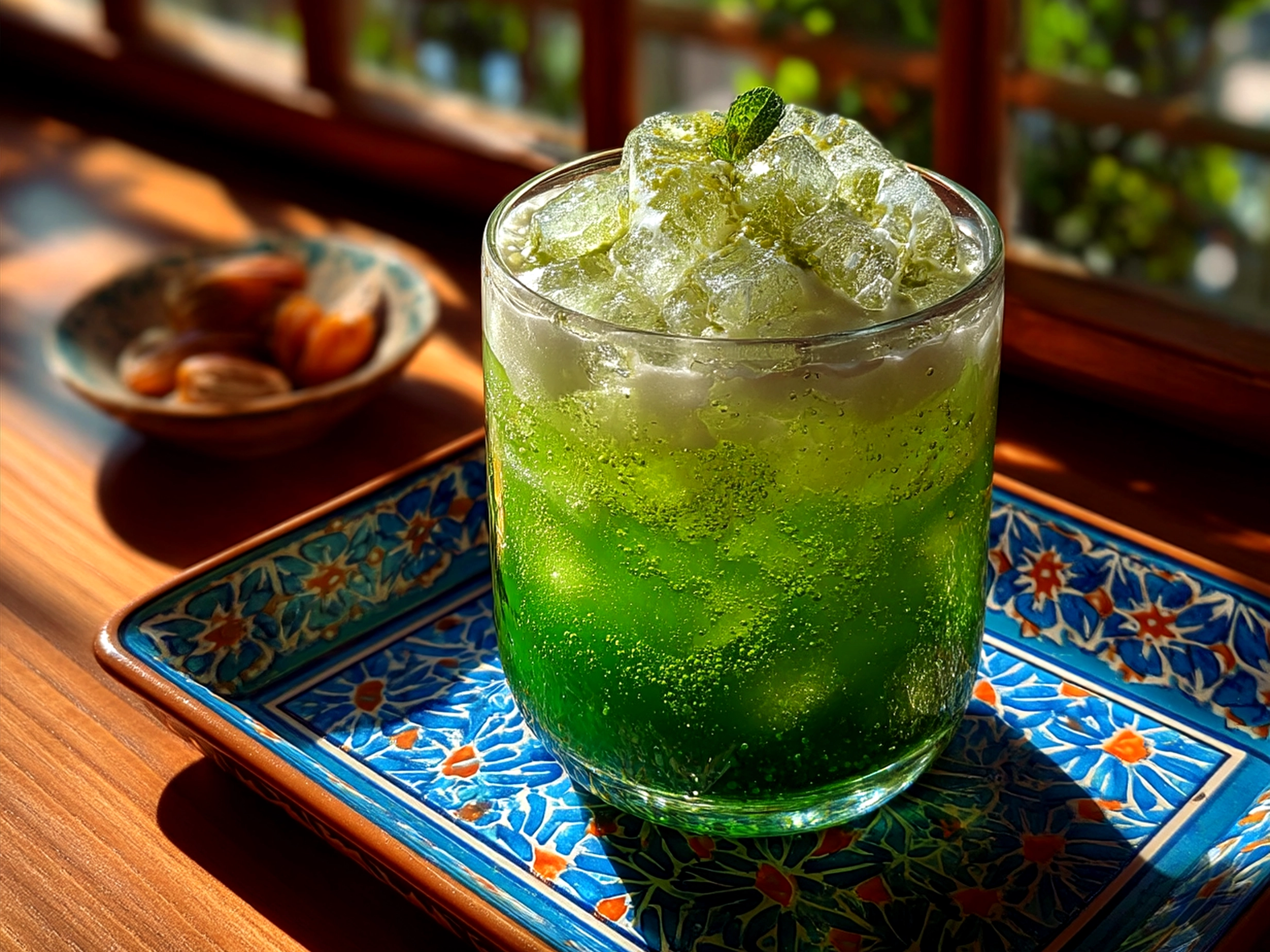 Served Star Wars Green Float Drink in a tall glass with foam and lime garnishes