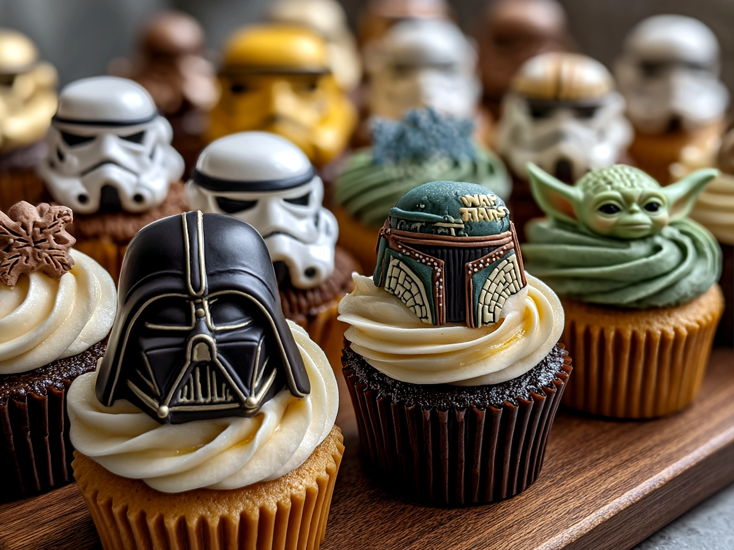 Star Wars May the 4th Cupcakes decorated with themed toppers on a party table