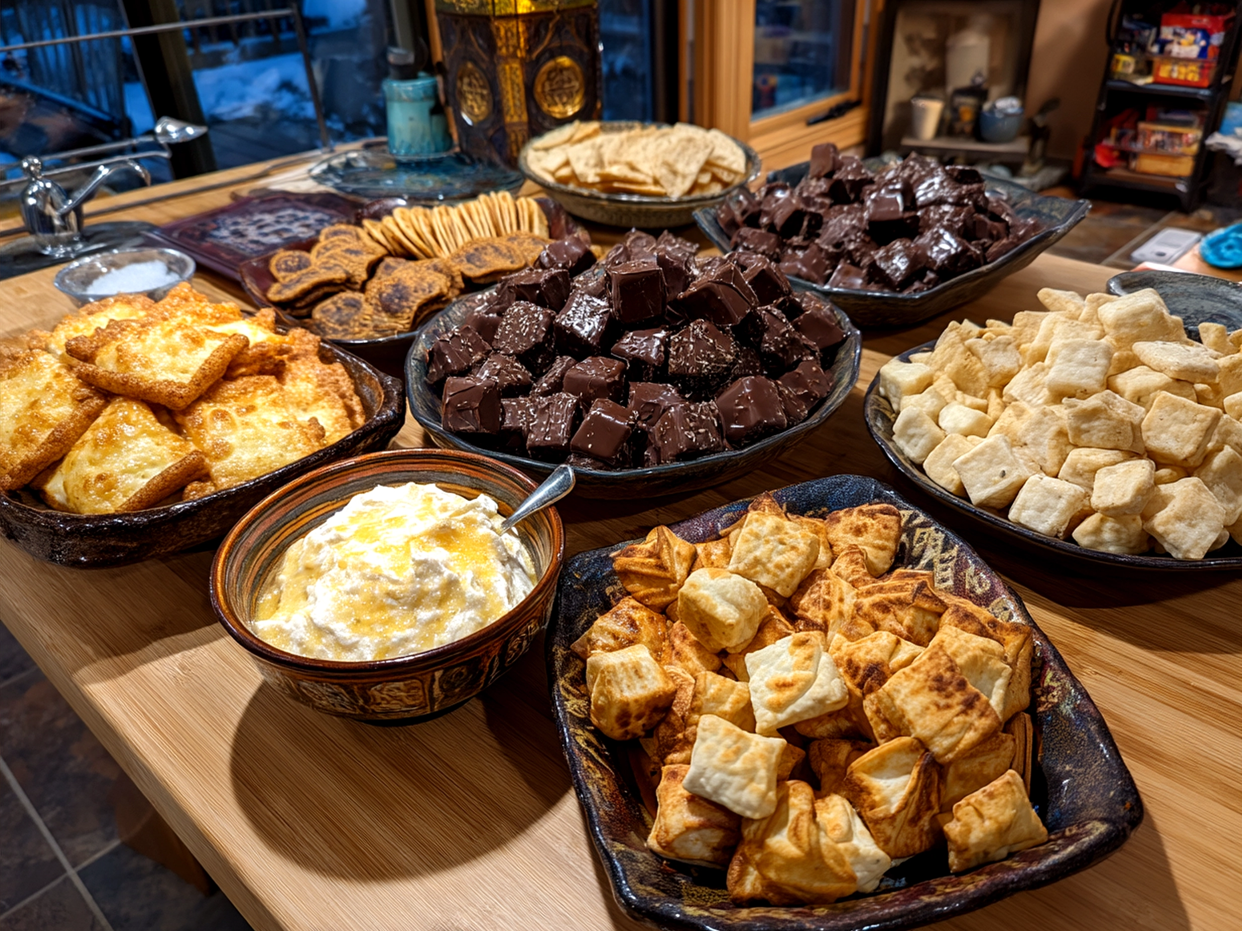 Platter of Star Wars themed appetizers arranged with star-shaped bowls and character flags