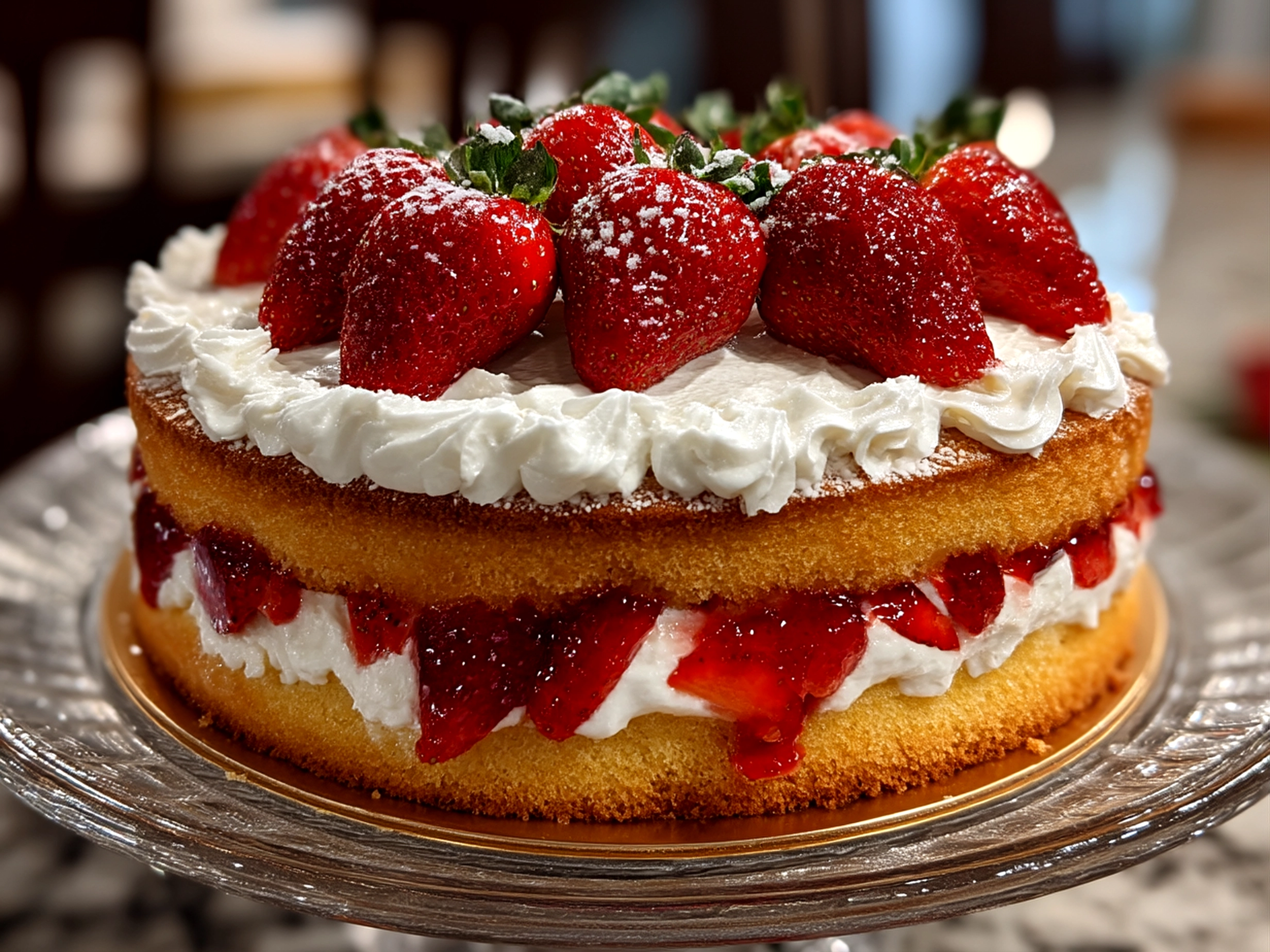Elegant sliced Strawberry Layer Cake garnished with fresh strawberries