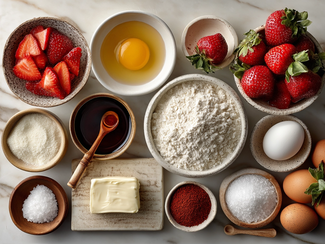 Ingredients for Strawberry Layer Cake laid out on a table