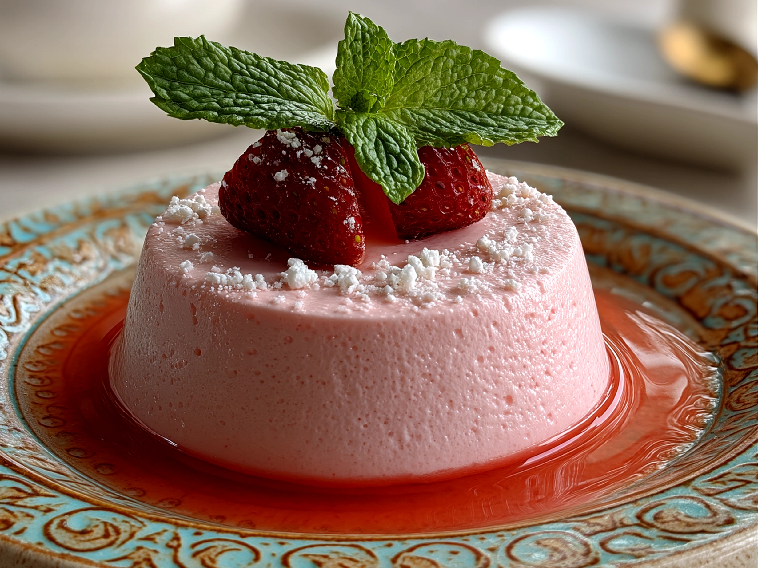 Strawberry mousse served in dessert glasses garnished with fresh strawberries and mint