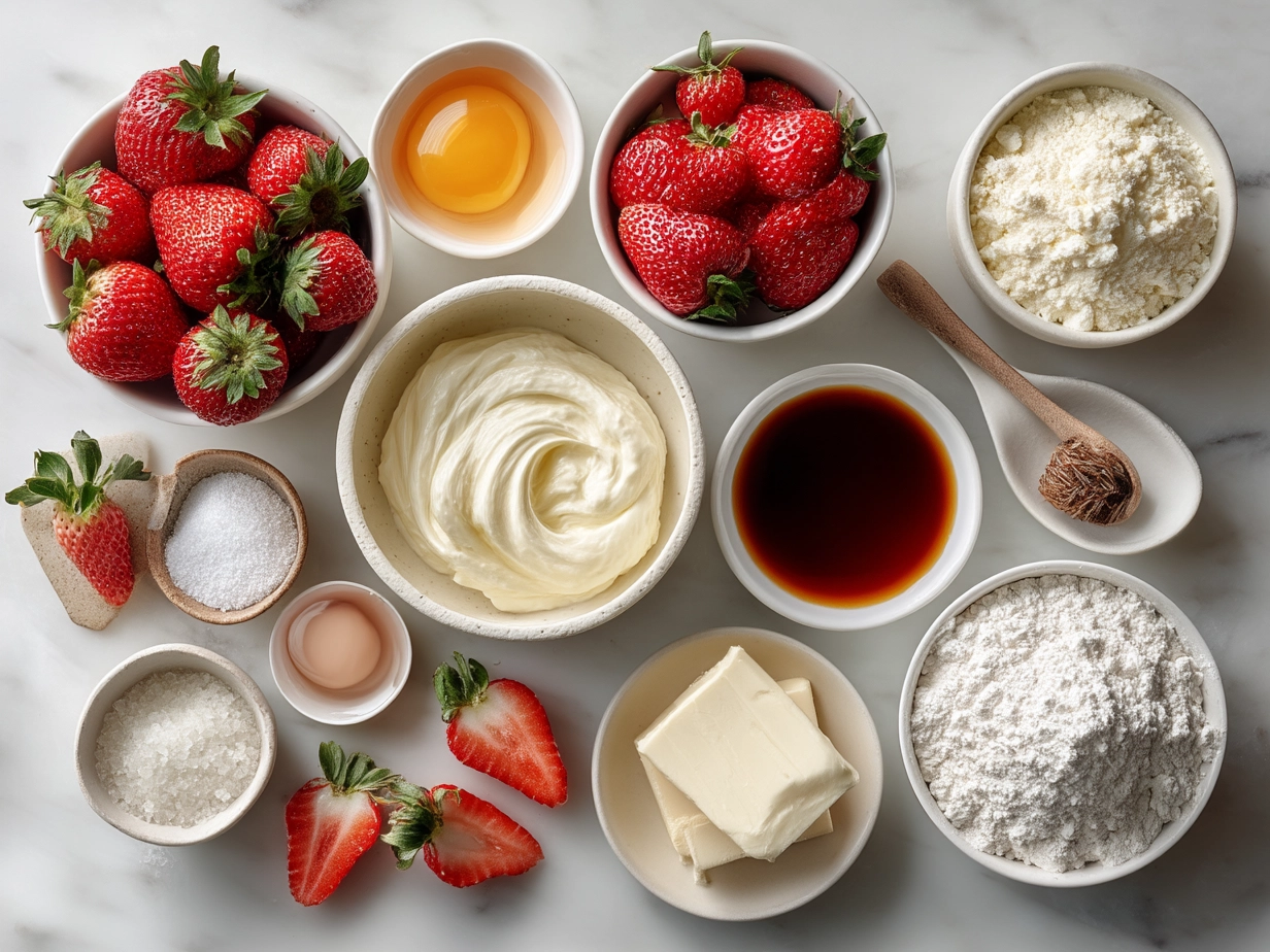 Ingredients for fresh strawberry mousse on a wooden table