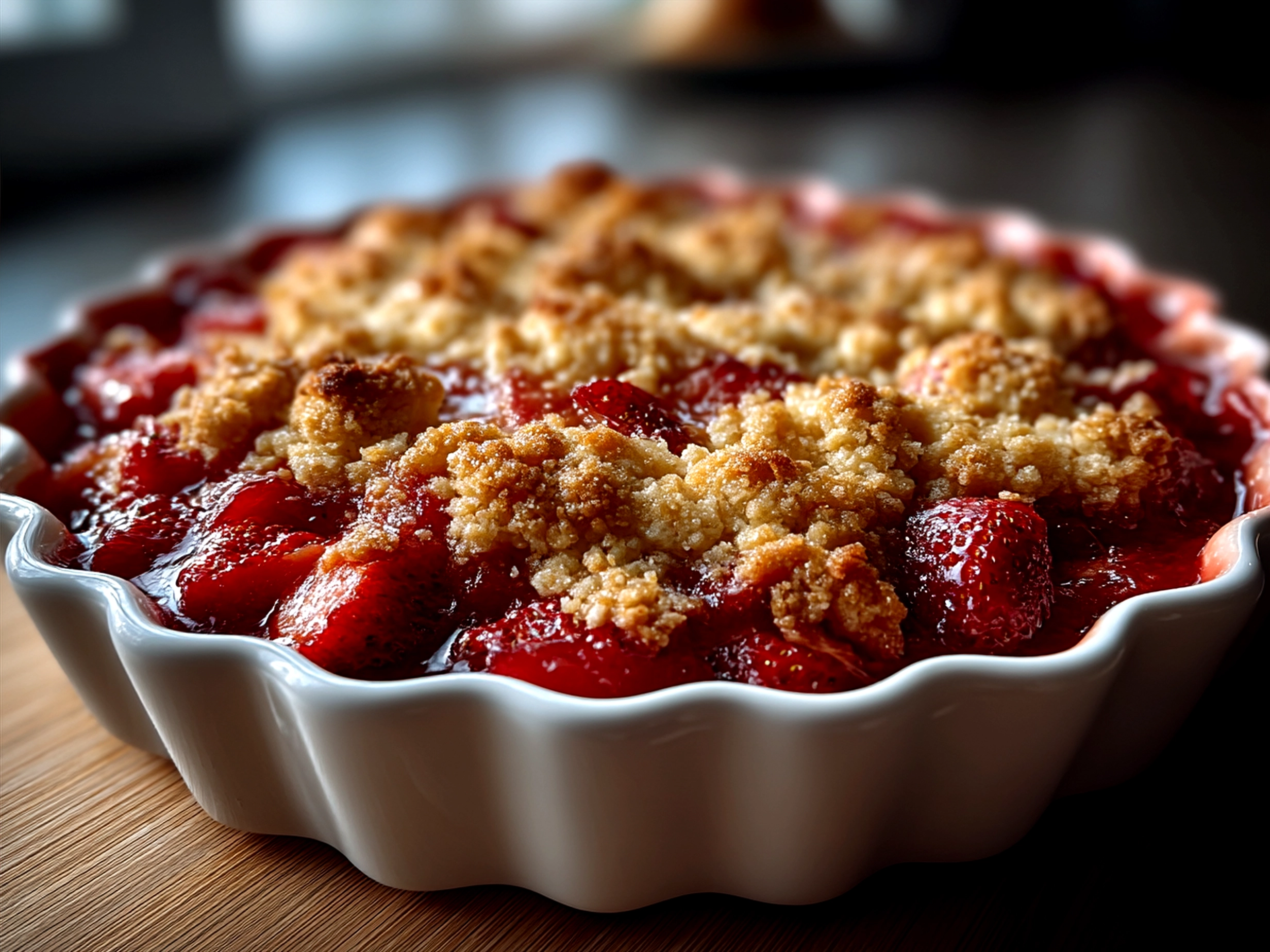 Served strawberry rhubarb crisp warm with ice cream on a rustic wooden table
