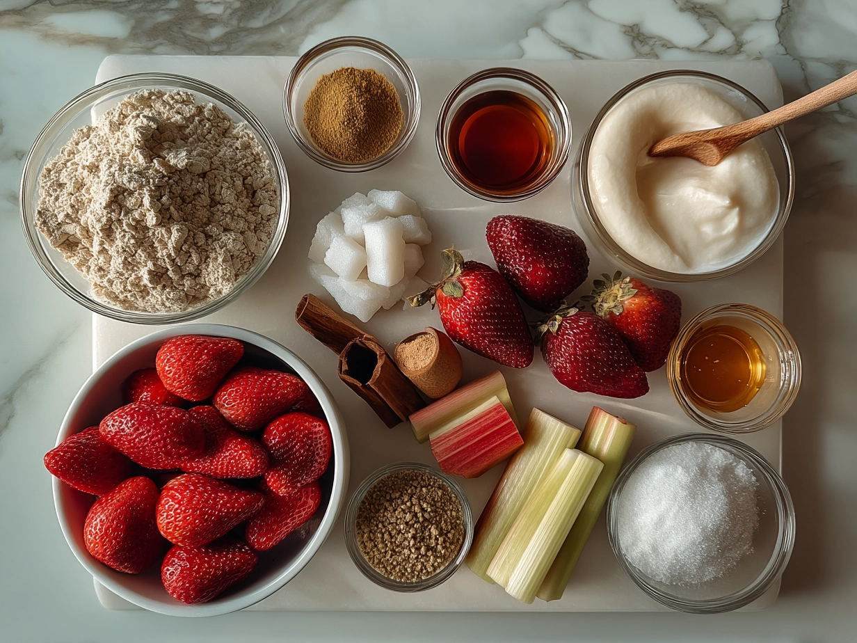 Strawberry Rhubarb Crisp ingredients laid out including strawberries, rhubarb, oats, flour, and brown sugar