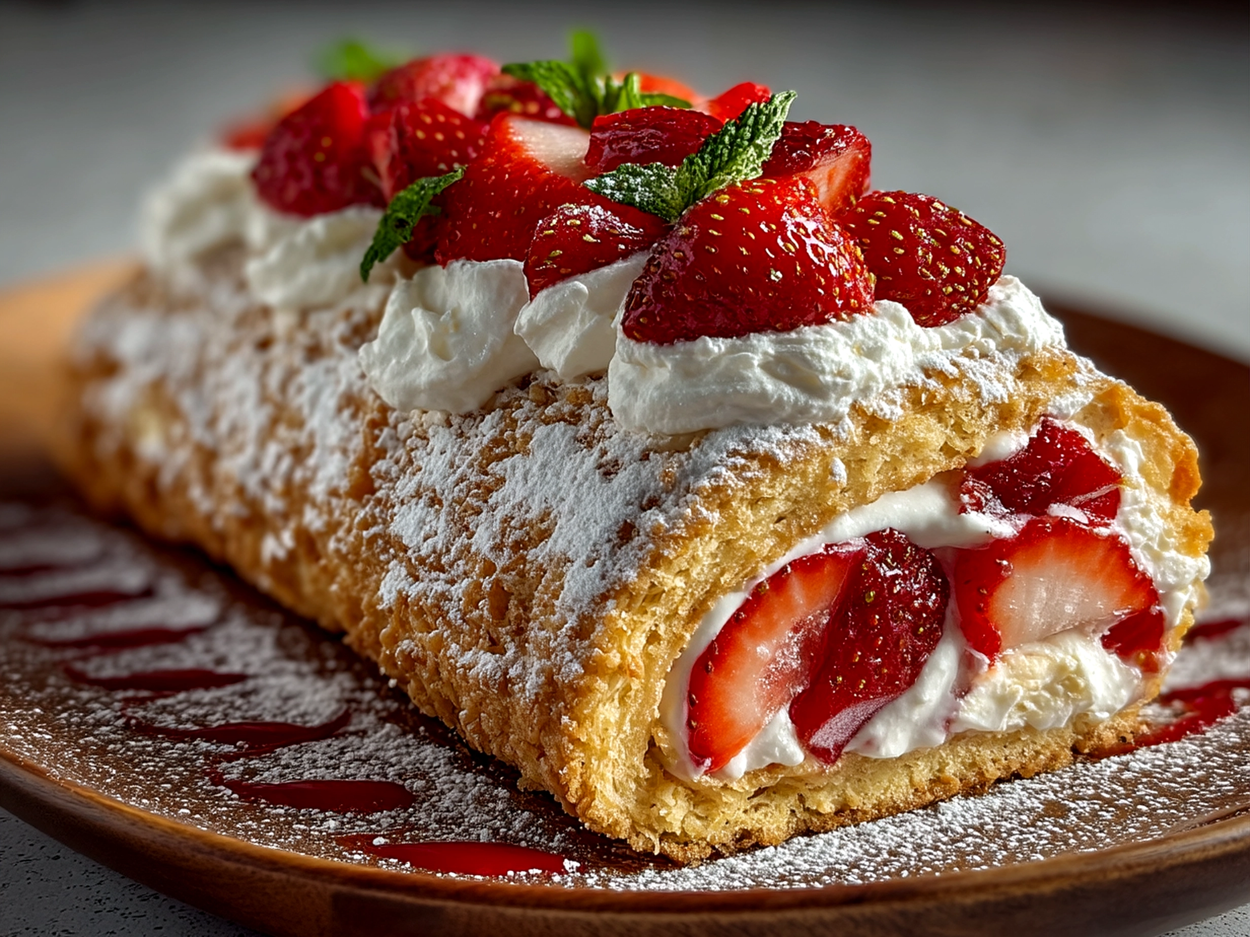 Sliced Strawberry Shortcake Roll ready to serve