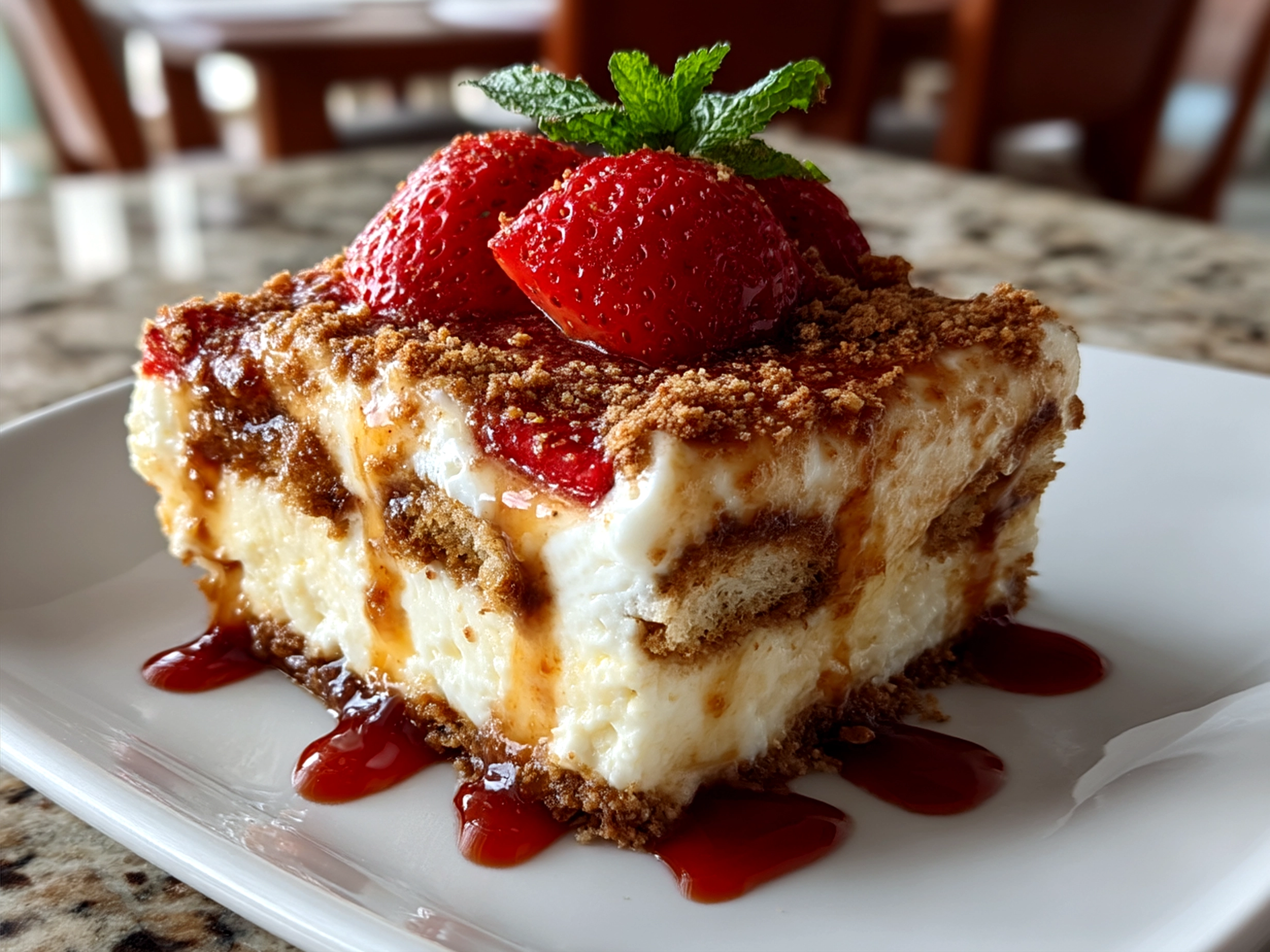 A beautifully layered strawberry tiramisu dessert garnished with powdered sugar and fresh strawberries