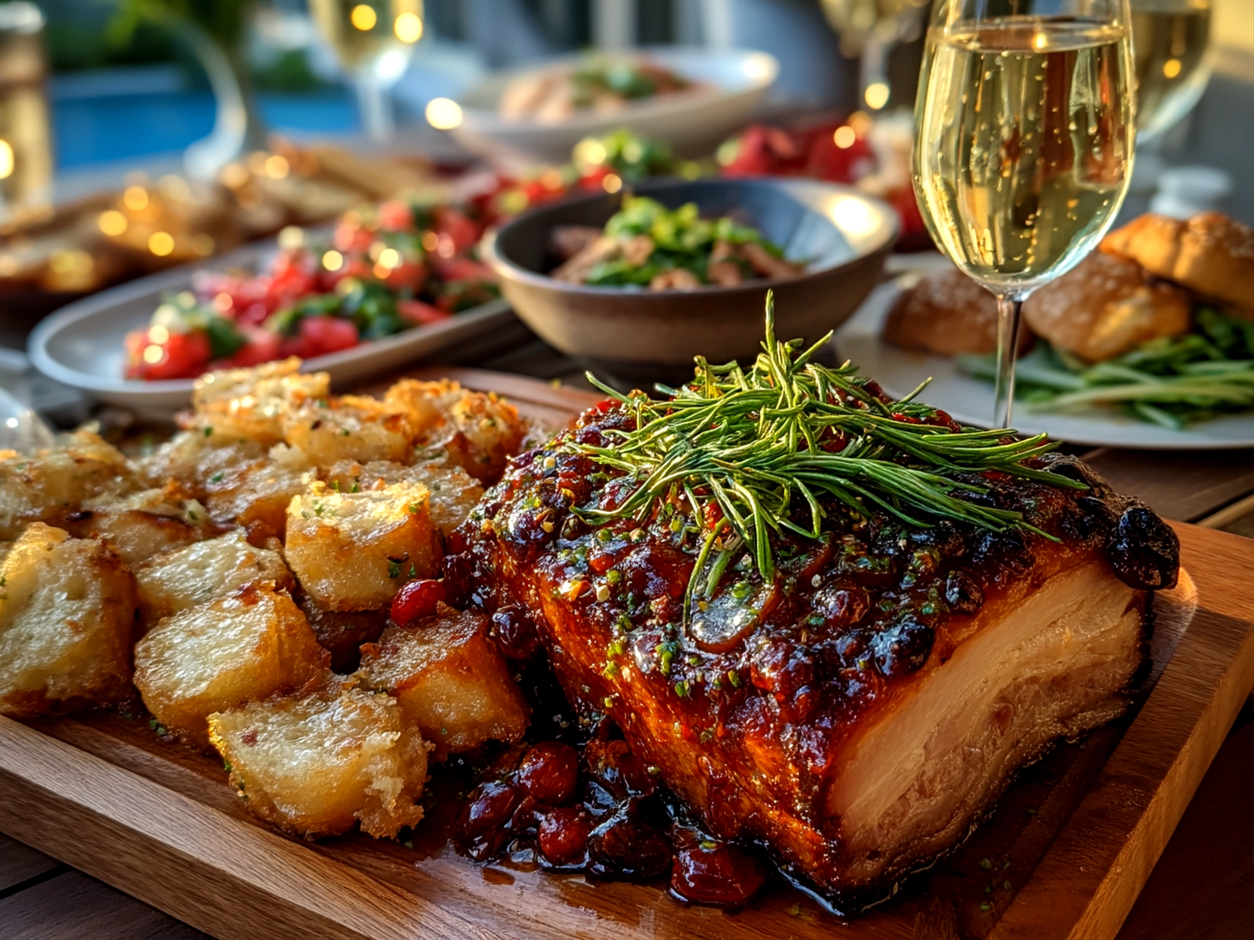 A beautifully arranged summer BBQ party food platter with grilled meats, corn, and fresh salads