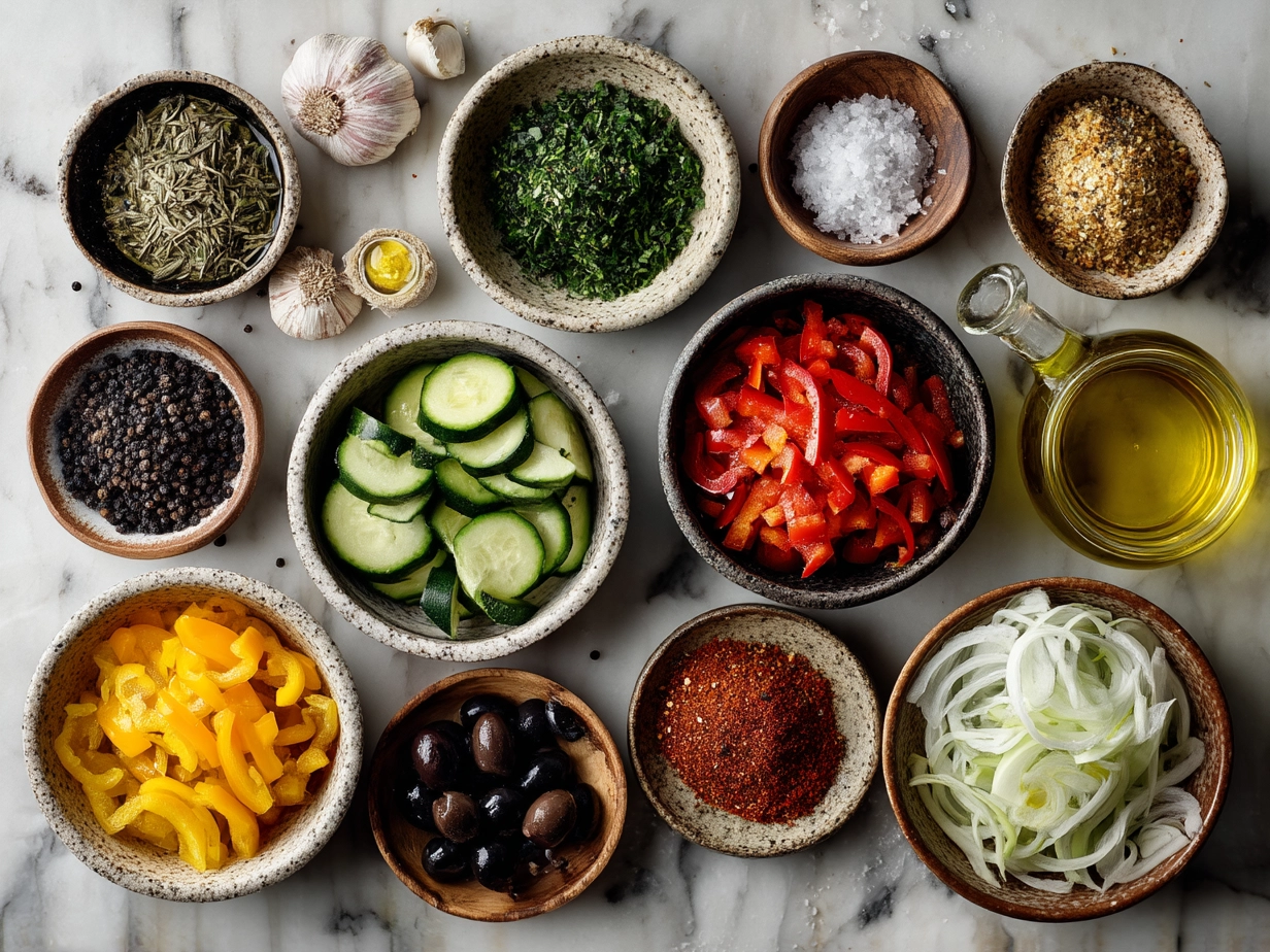 Ingredients for a summer BBQ party laid out, including fresh vegetables, meats, and spices