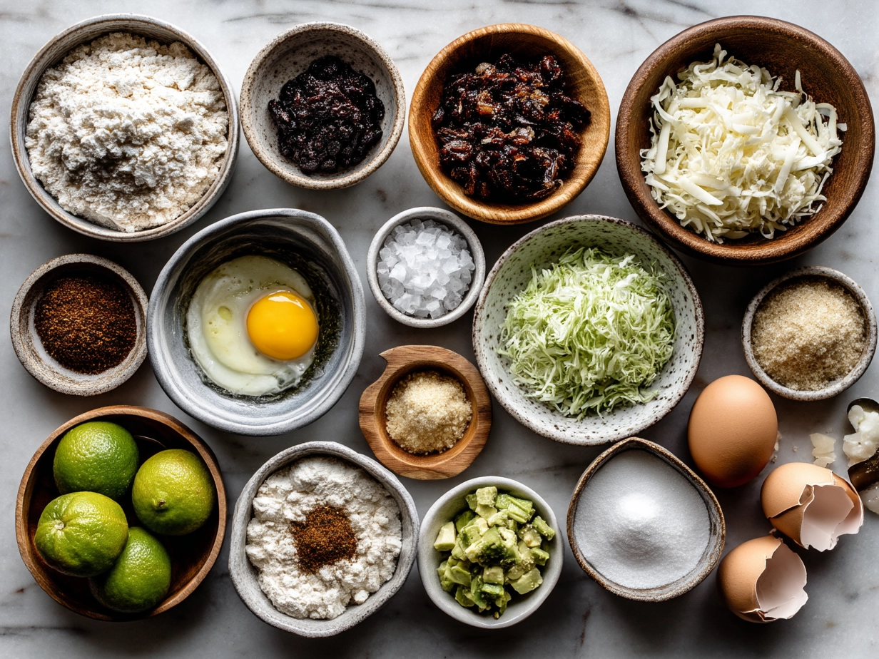 Ingredients for summer breakfast tacos including tortillas, eggs, onions, bell peppers, bacon, cheese, avocado, salsa, cilantro, and lime