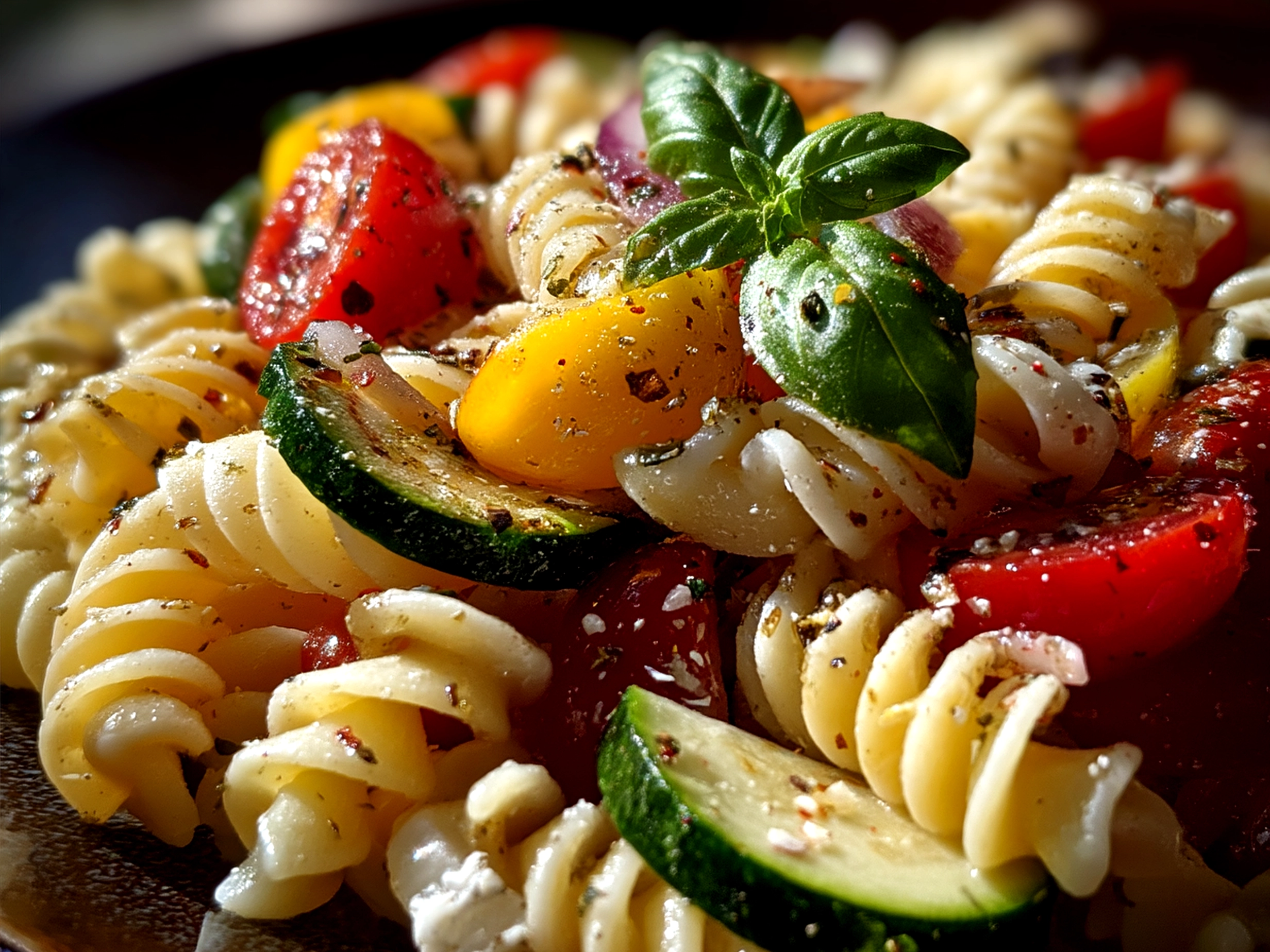 Beautifully presented Summer Italian Pasta Salad ready to serve