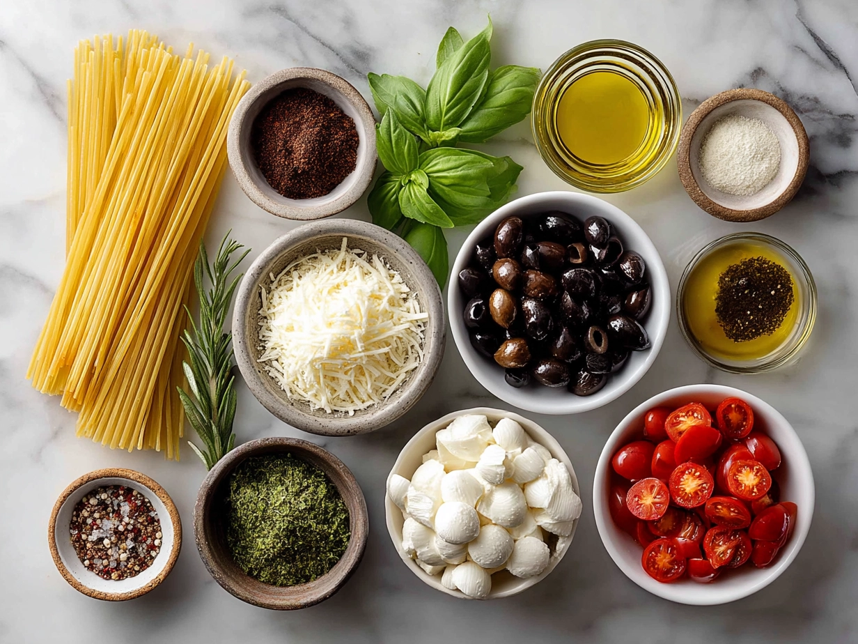 Ingredients laid out for Summer Italian Pasta Salad