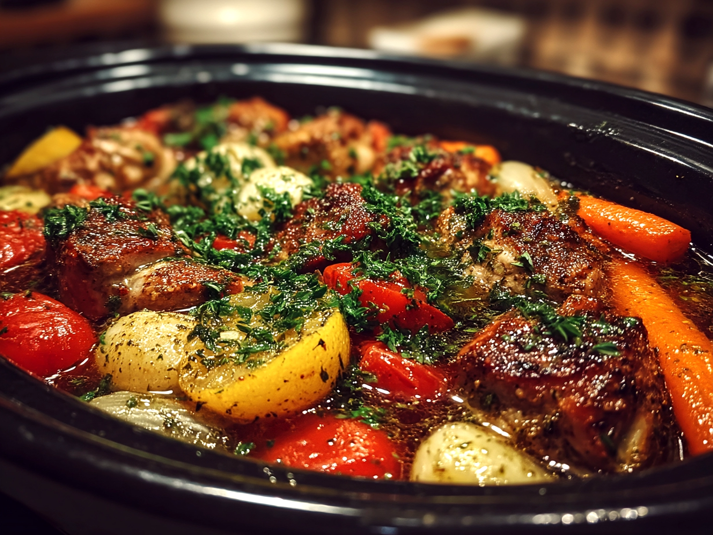 A colorful summer slow cooker meal served with fresh herbs and lemon zest