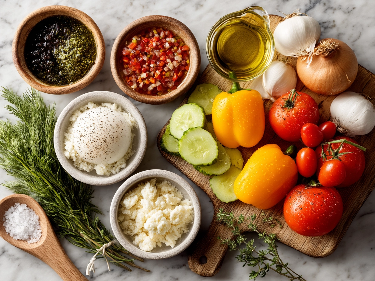 Ingredients spread for a summer slow cooker meal including fresh vegetables and herbs