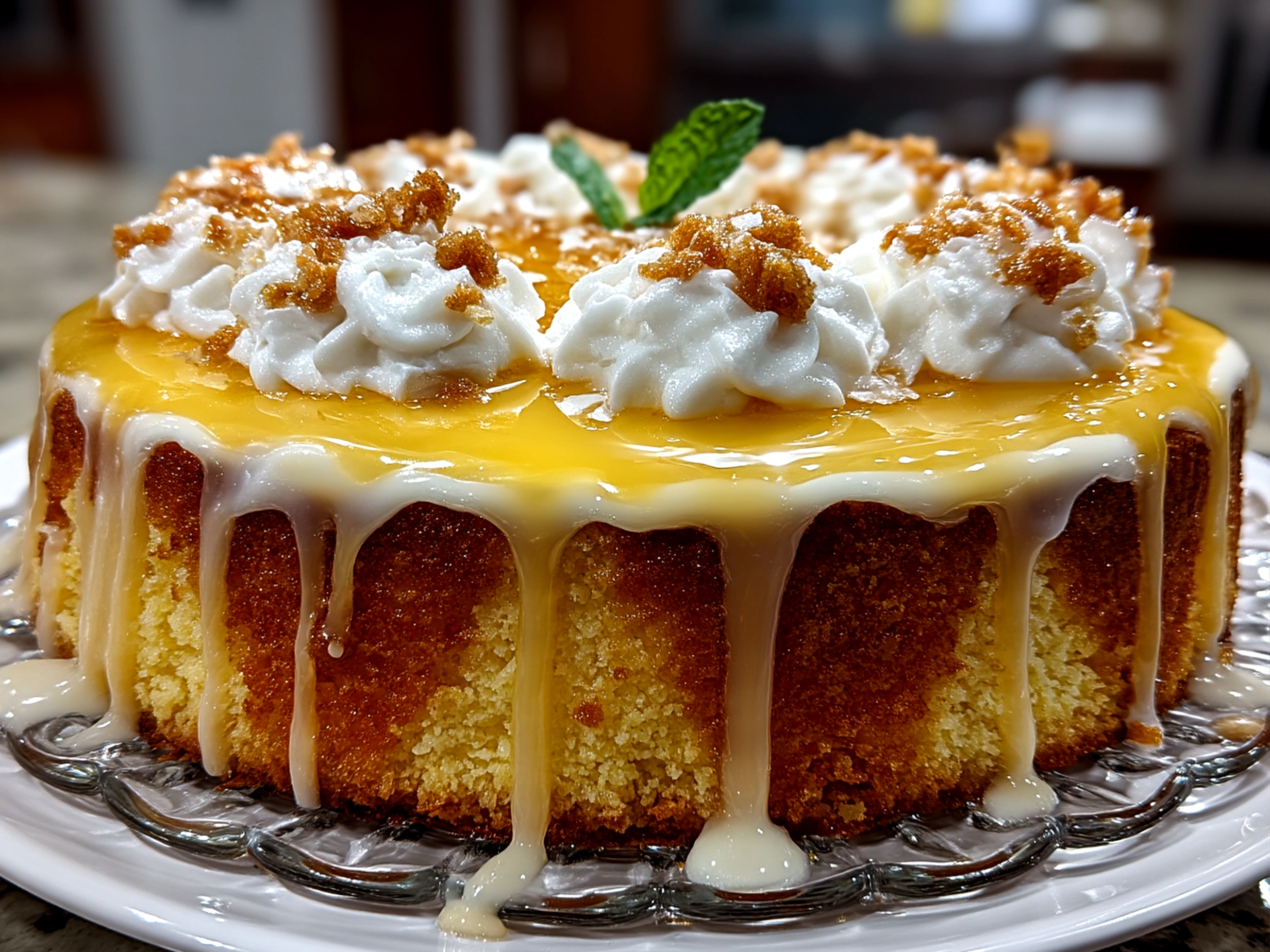 Perfectly garnished Tres Leches Cake served on a white plate with fresh berries and cinnamon