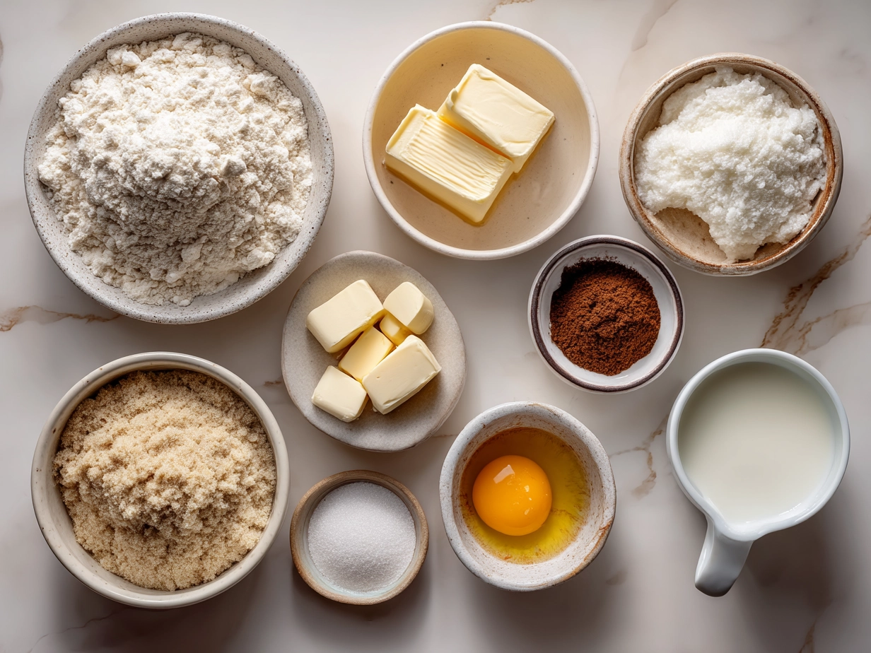 Ingredients for Tres Leches Cake including flour, eggs, milk, and sugar