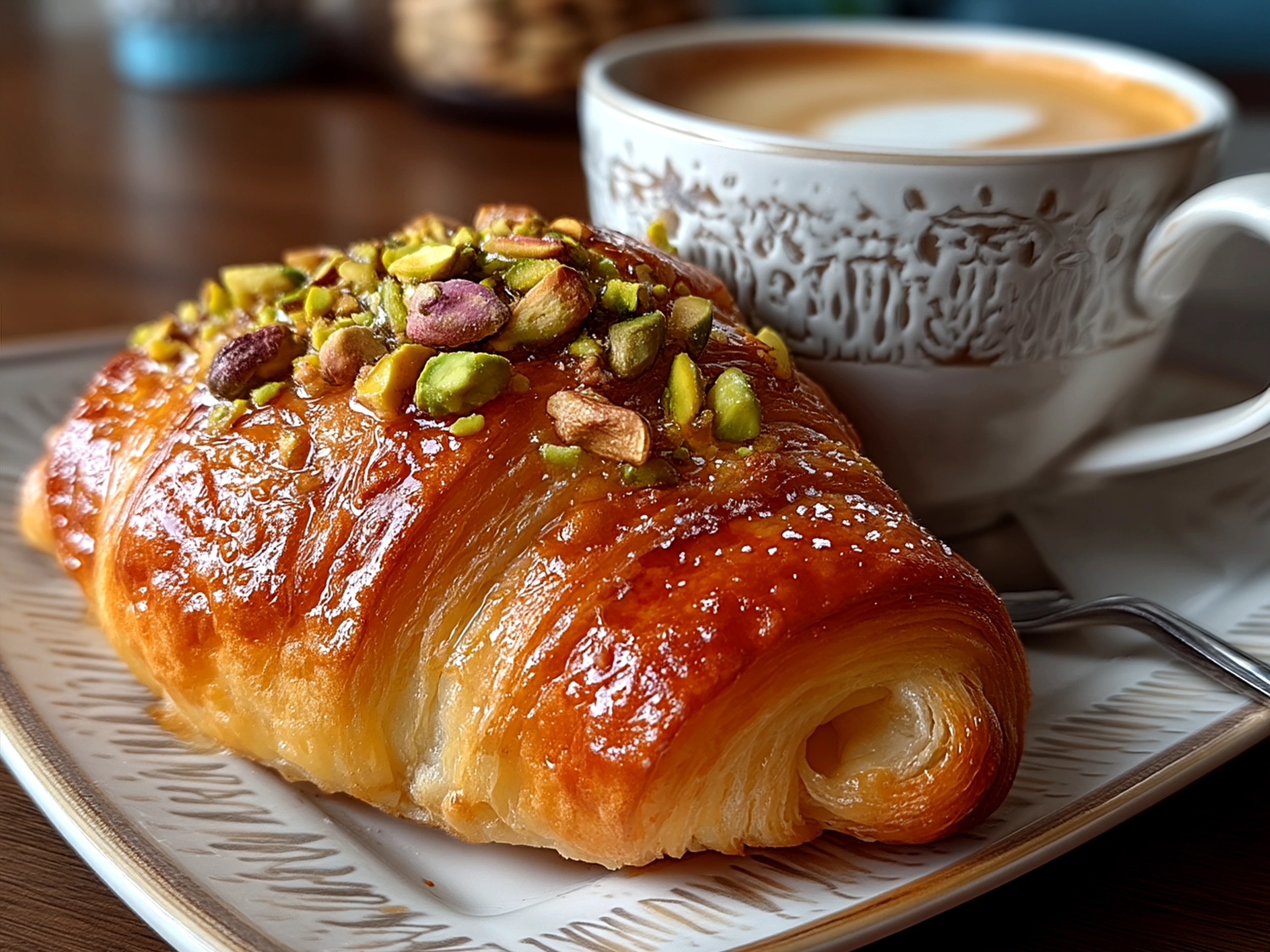 Freshly baked Viral Pistachio Croissants served beautifully