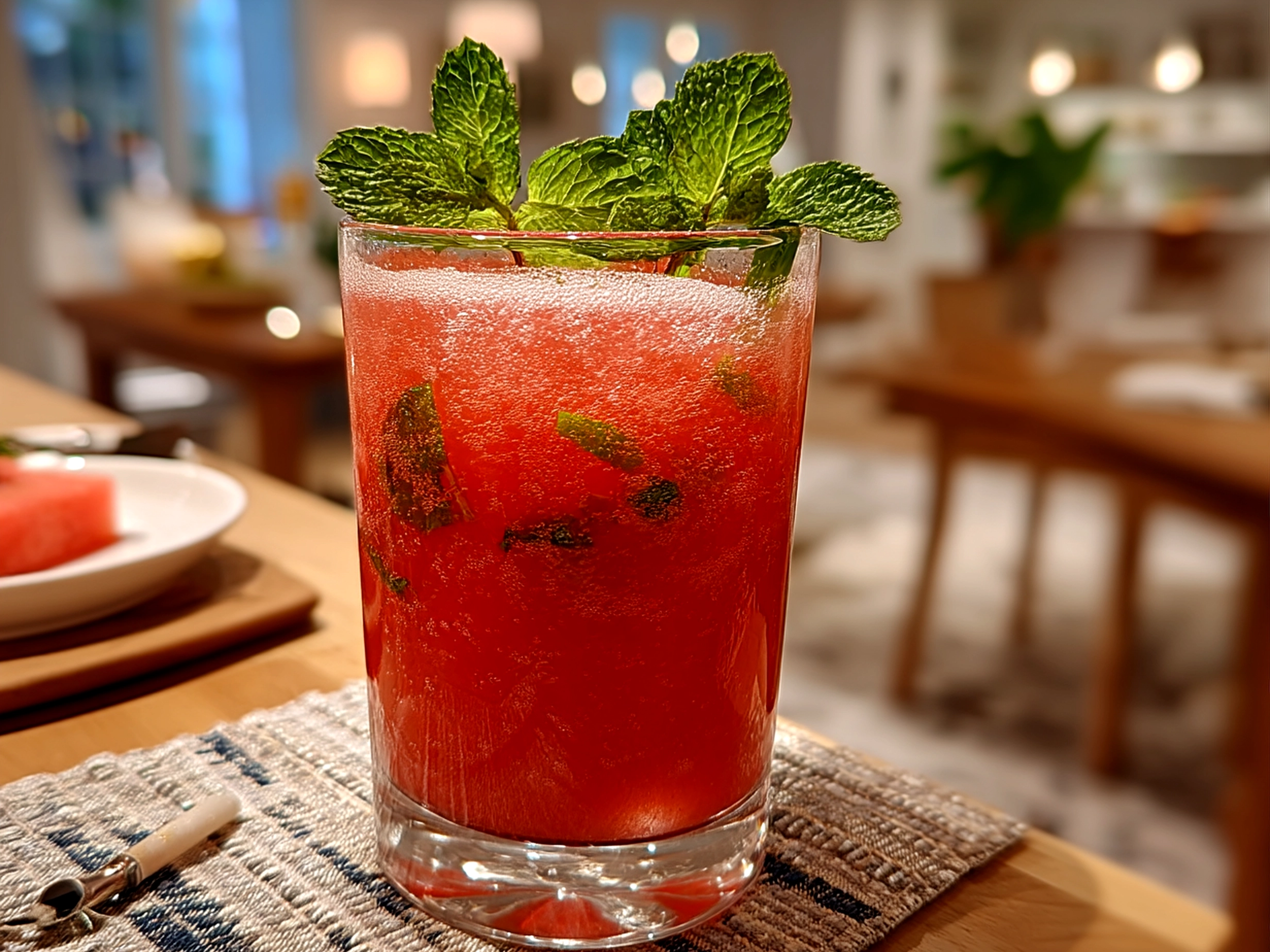 Fresh Watermelon Mint Mocktail served in tall clear glass with mint garnish and lime slice